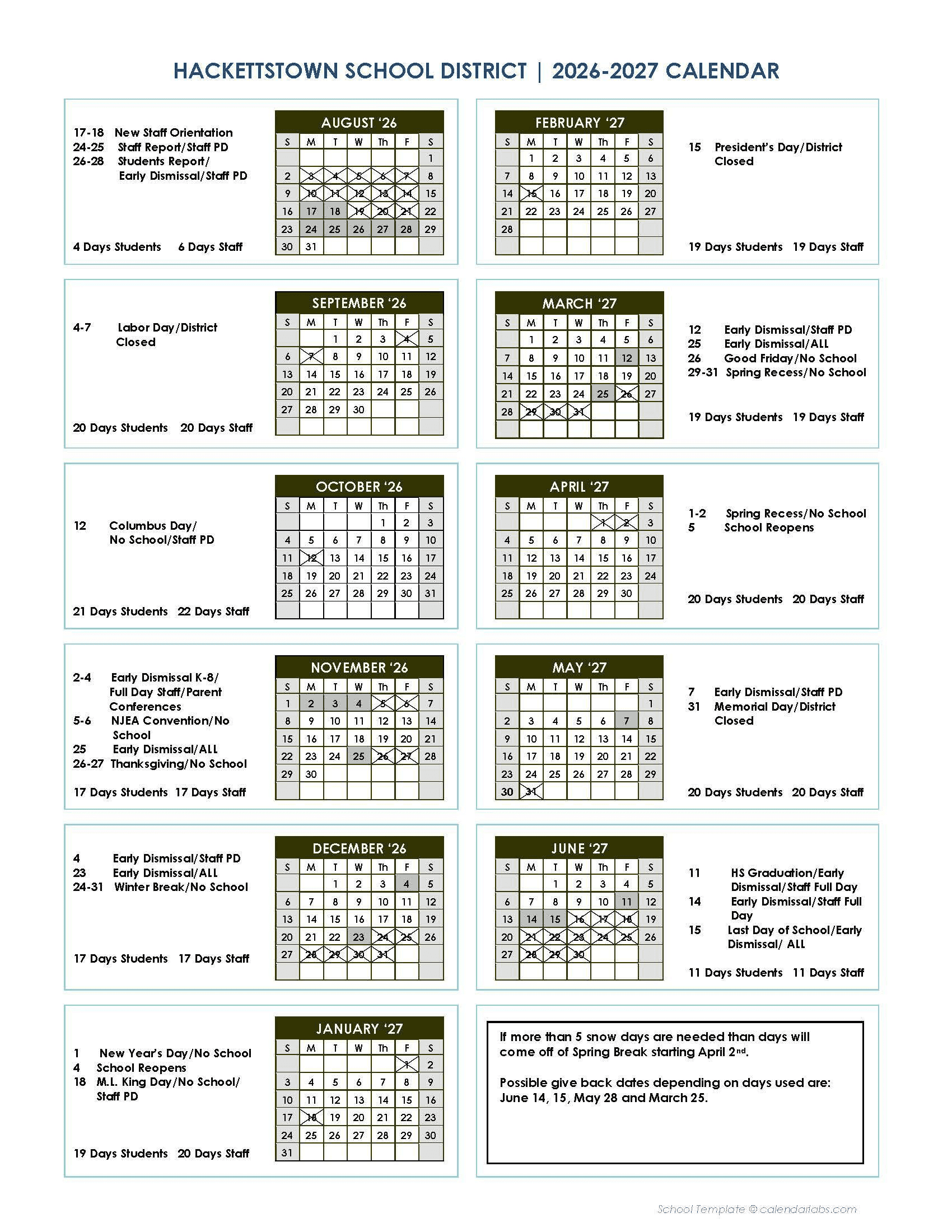 Hackettstown School District Calendar 26-27 Revised