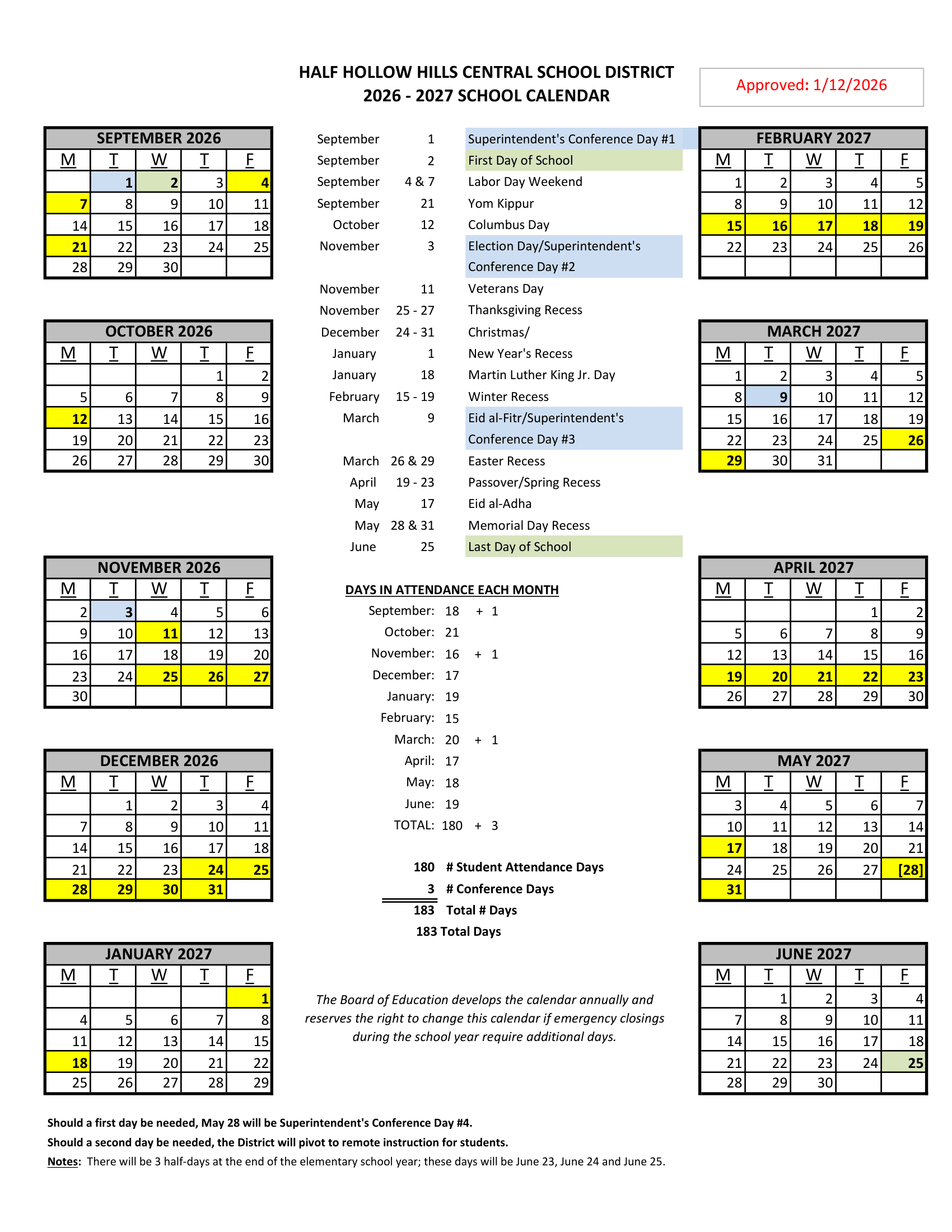 Half Hollow Hills Central School District Calendar 26-27 Revised