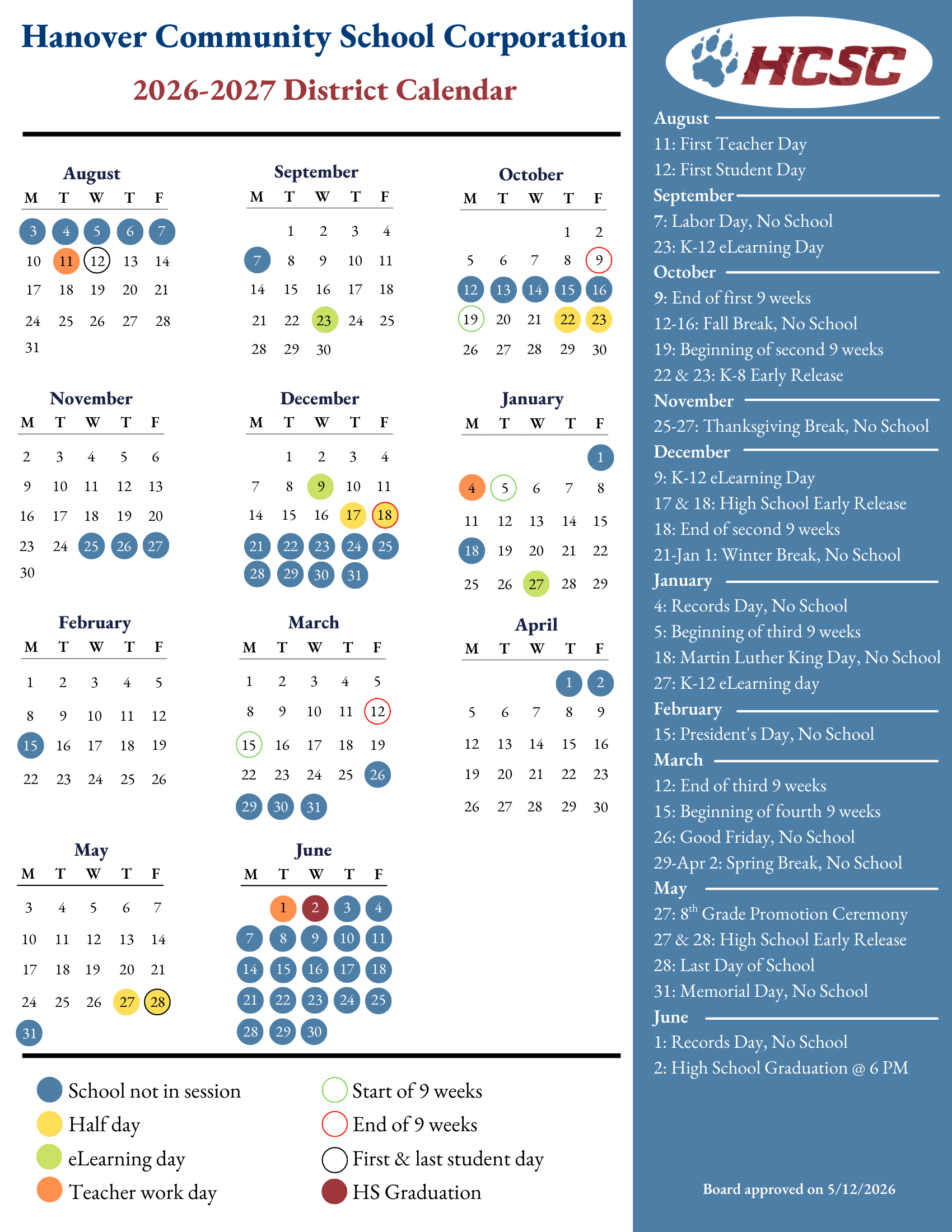 Hanover Community School Corporation Calendar 26-27 Revised