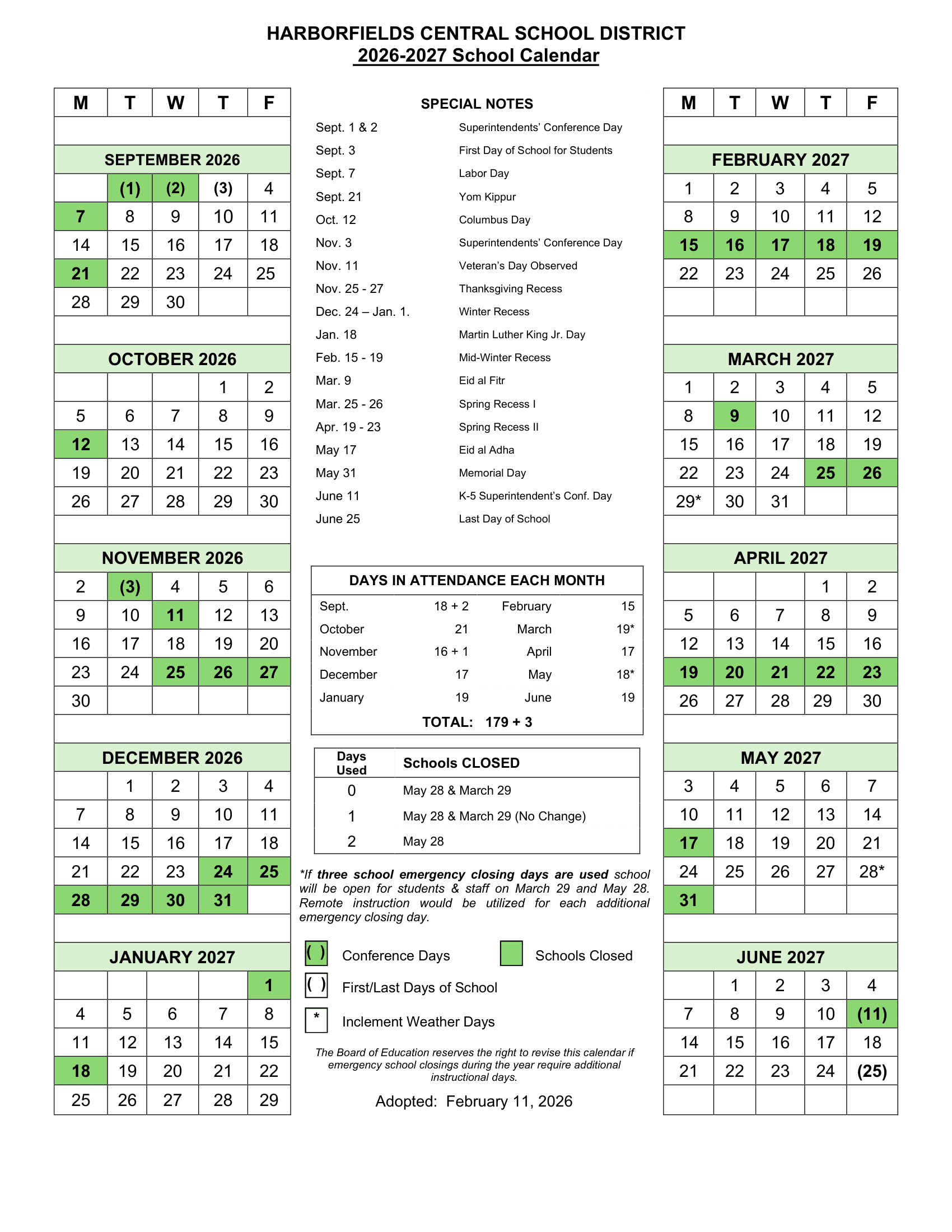Harborfields Central School District Calendar 26-27 Revised