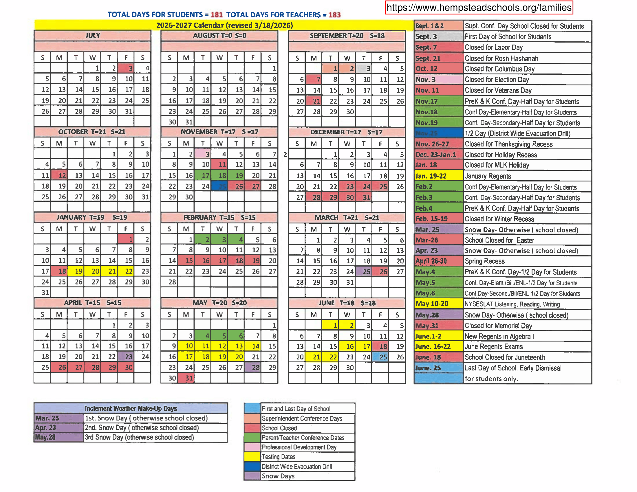 Hempstead Union Free School District Calendar 26-27 Revised