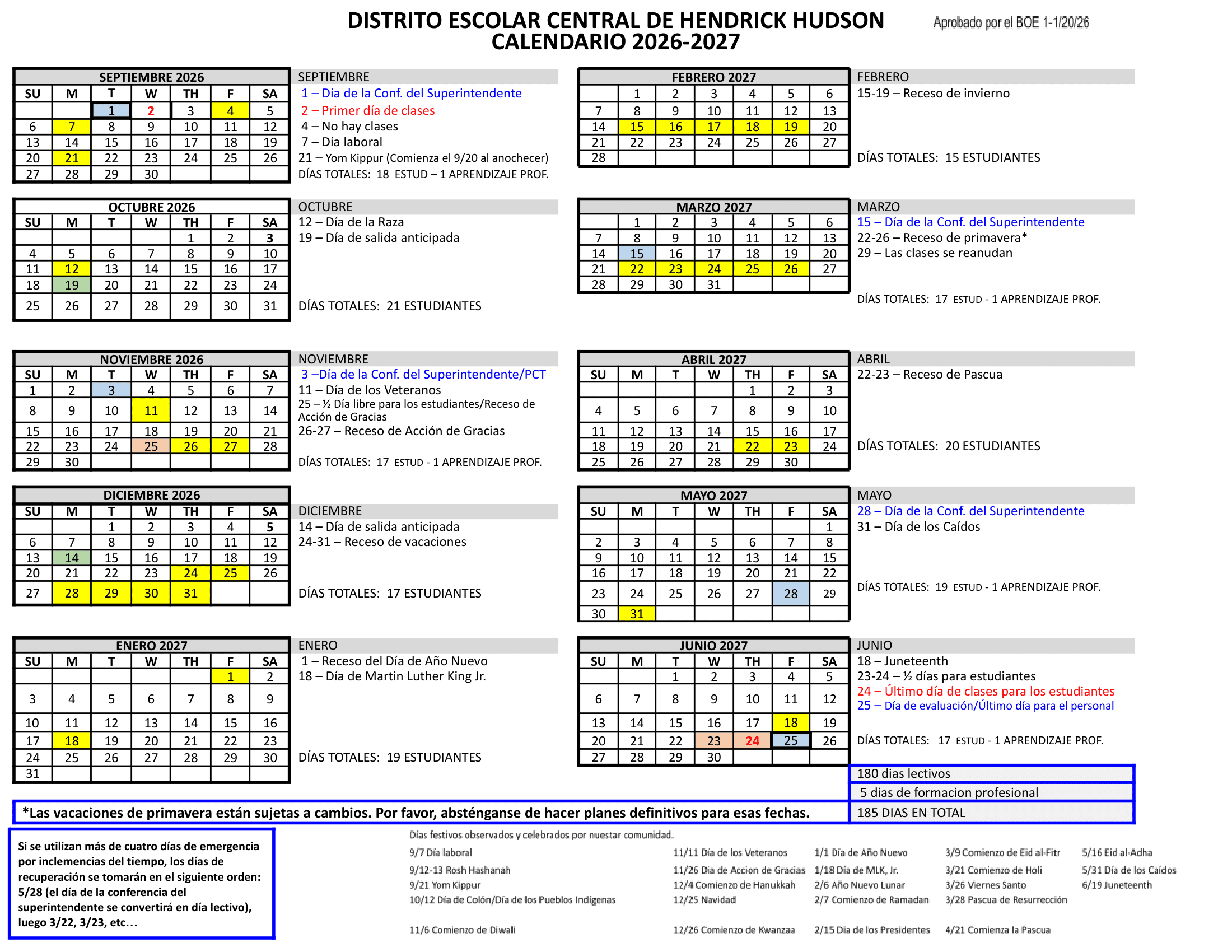 Hendrick Hudson Central School District Calendar 26-27 Revised