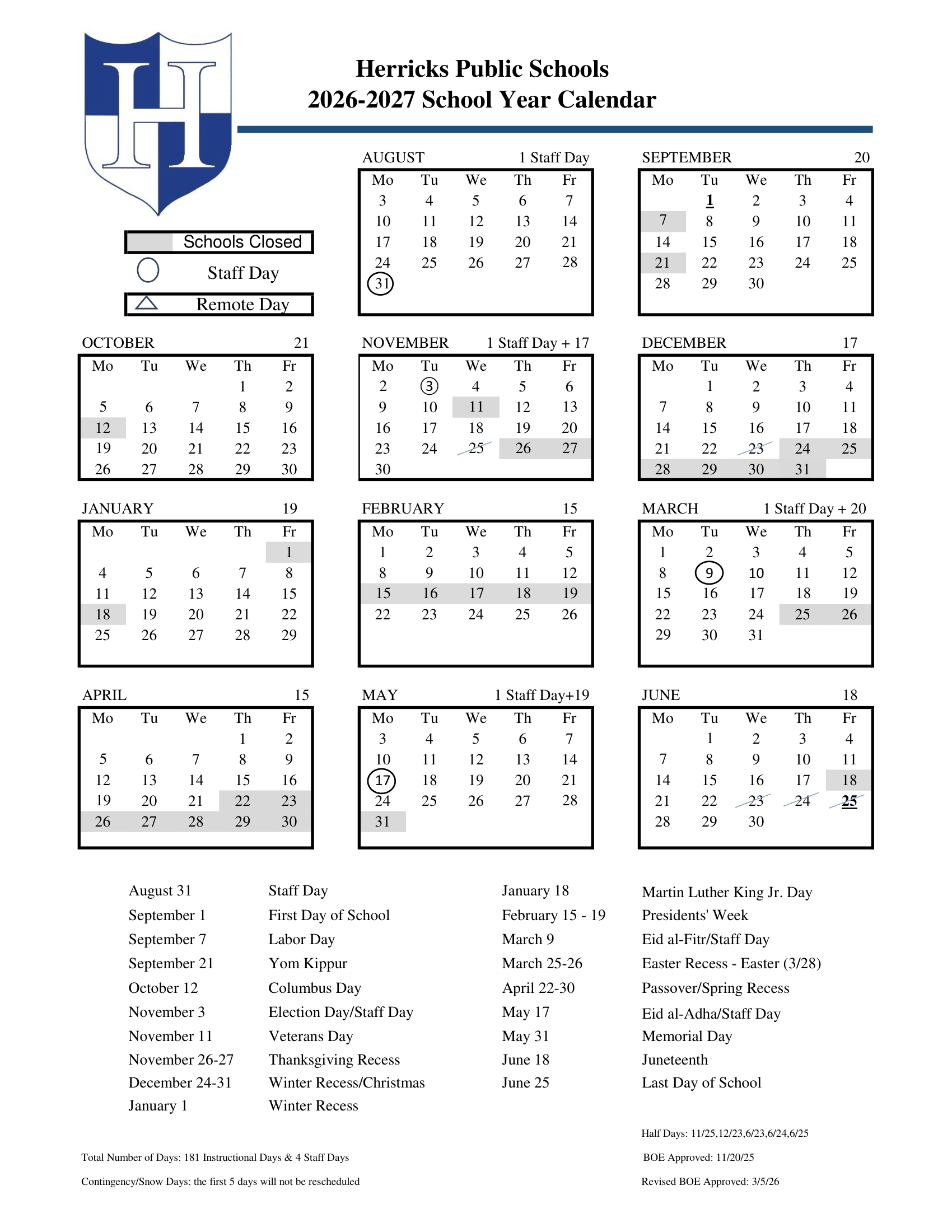Herricks Public Schools Calendar 26-27 Revised