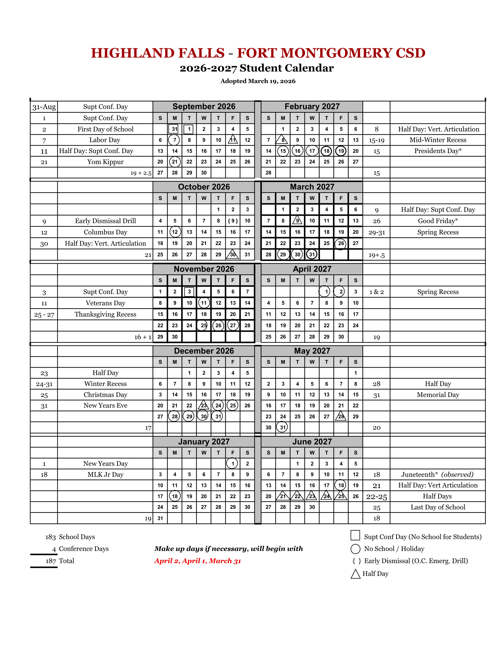 Highland Falls - Fort Montgomery CSD Calendar 26-27 Revised