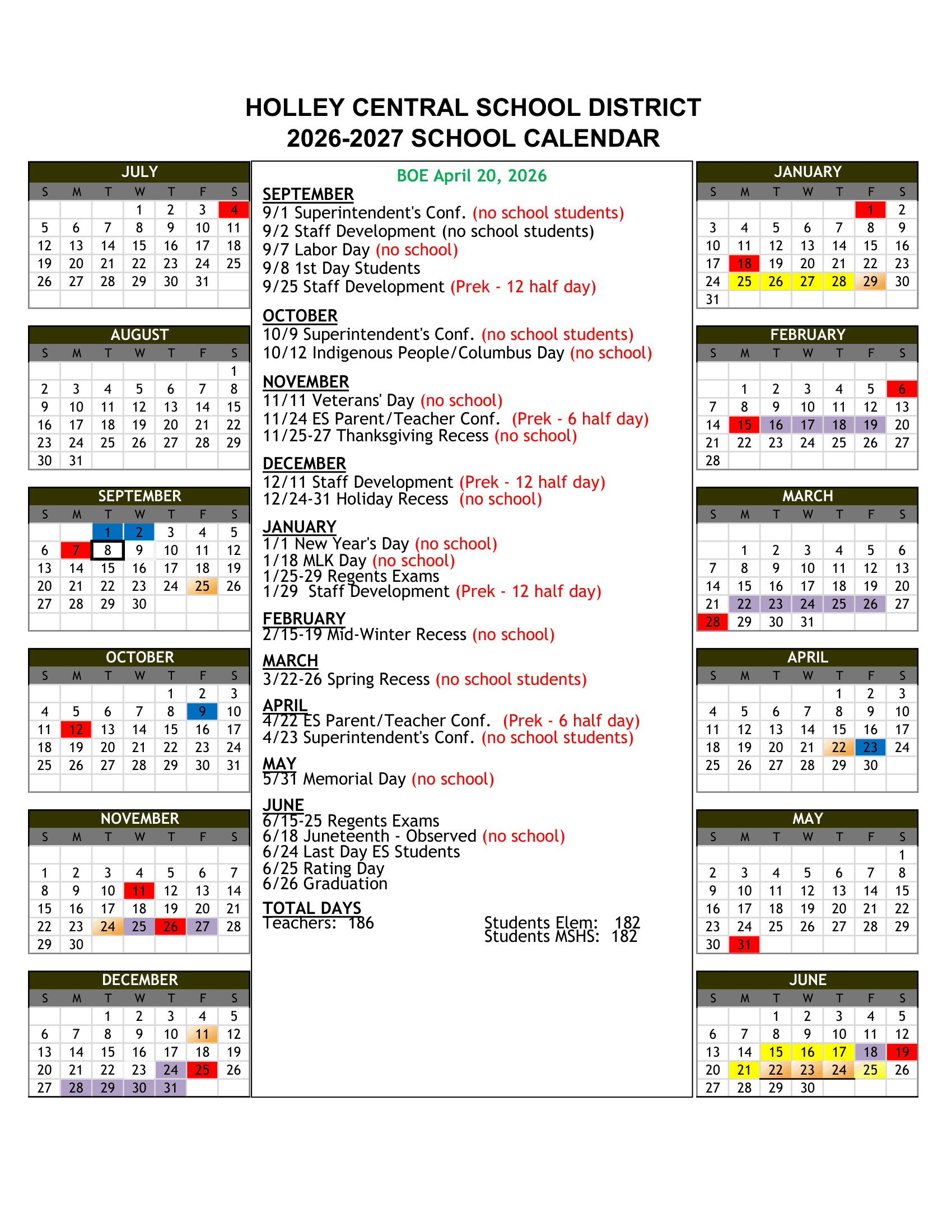 Holley Central School District Calendar 26-27 Revised