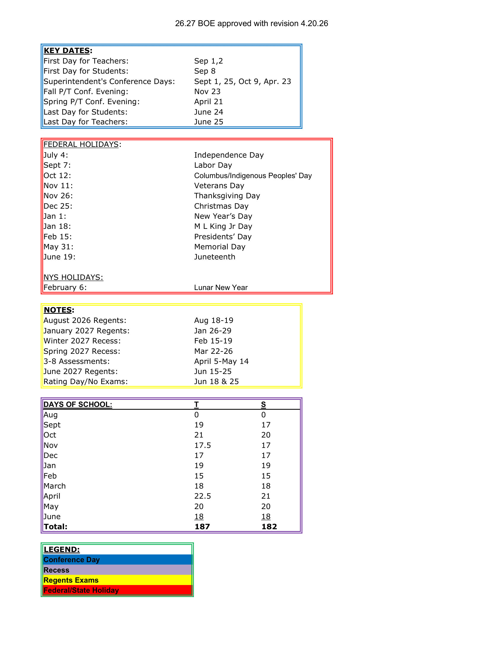 Holley Central School District Calendar 26-27 Revised