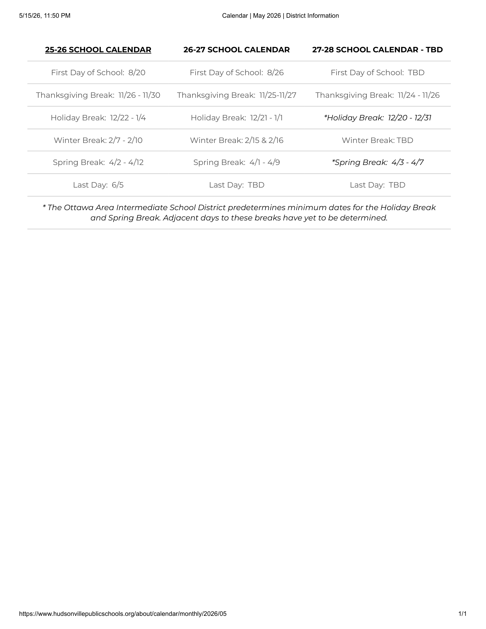 Hudsonville Public Schools Calendar 25-26 Revised