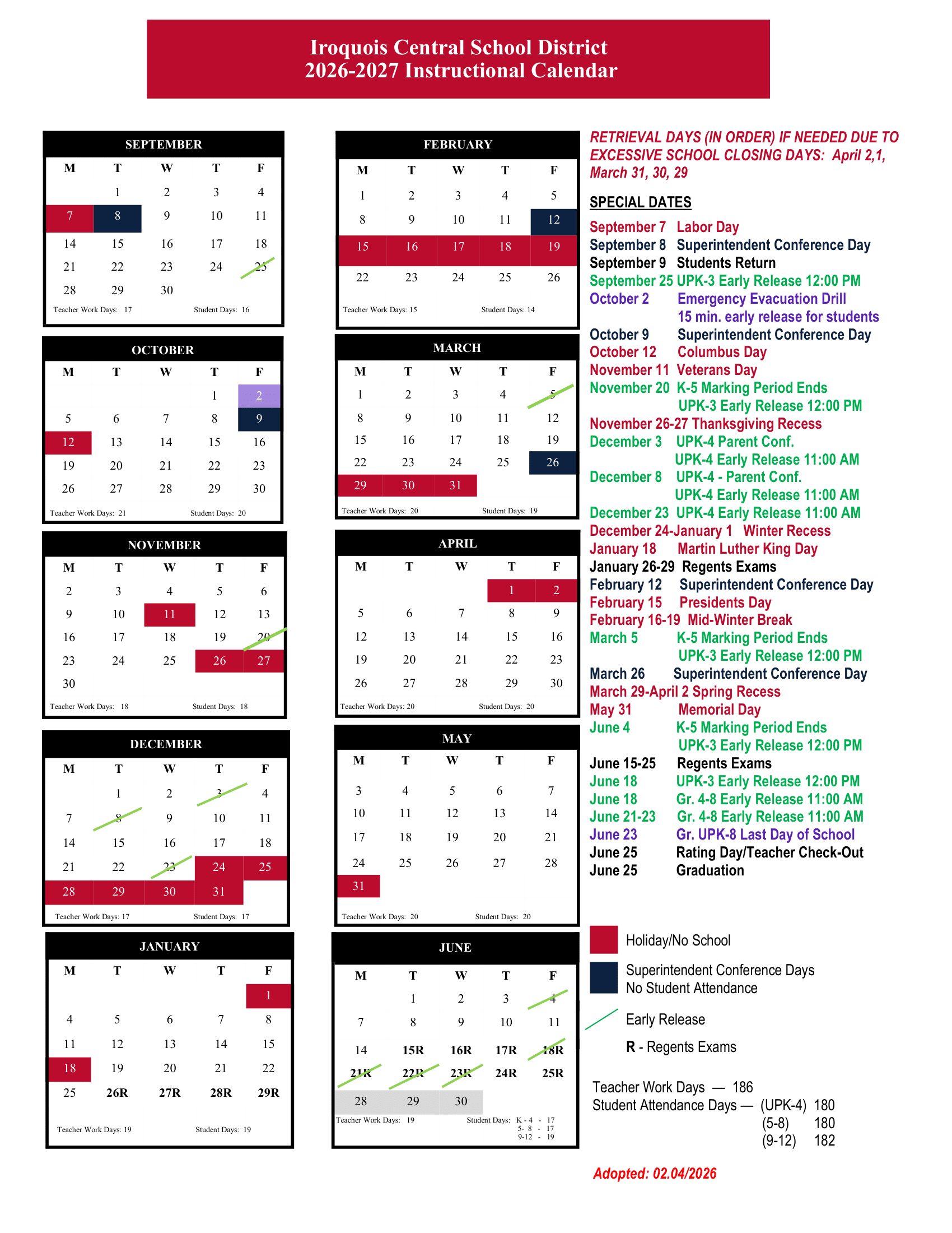 Iroquois Central School District Calendar 26-27 Revised