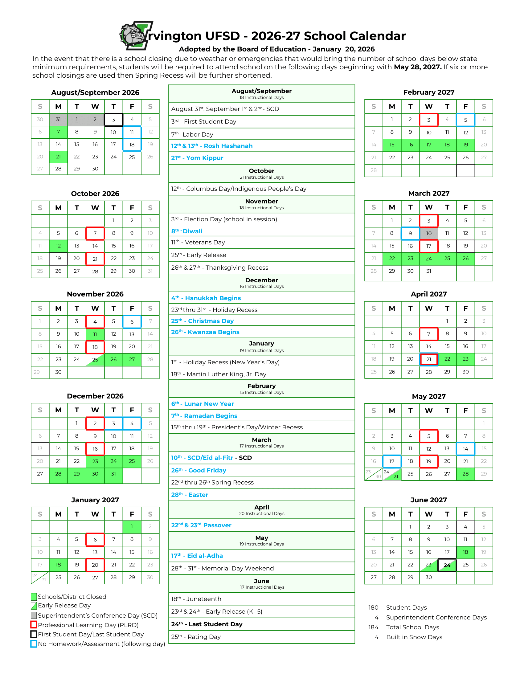 Irvington UFSD Calendar 26-27 Revised