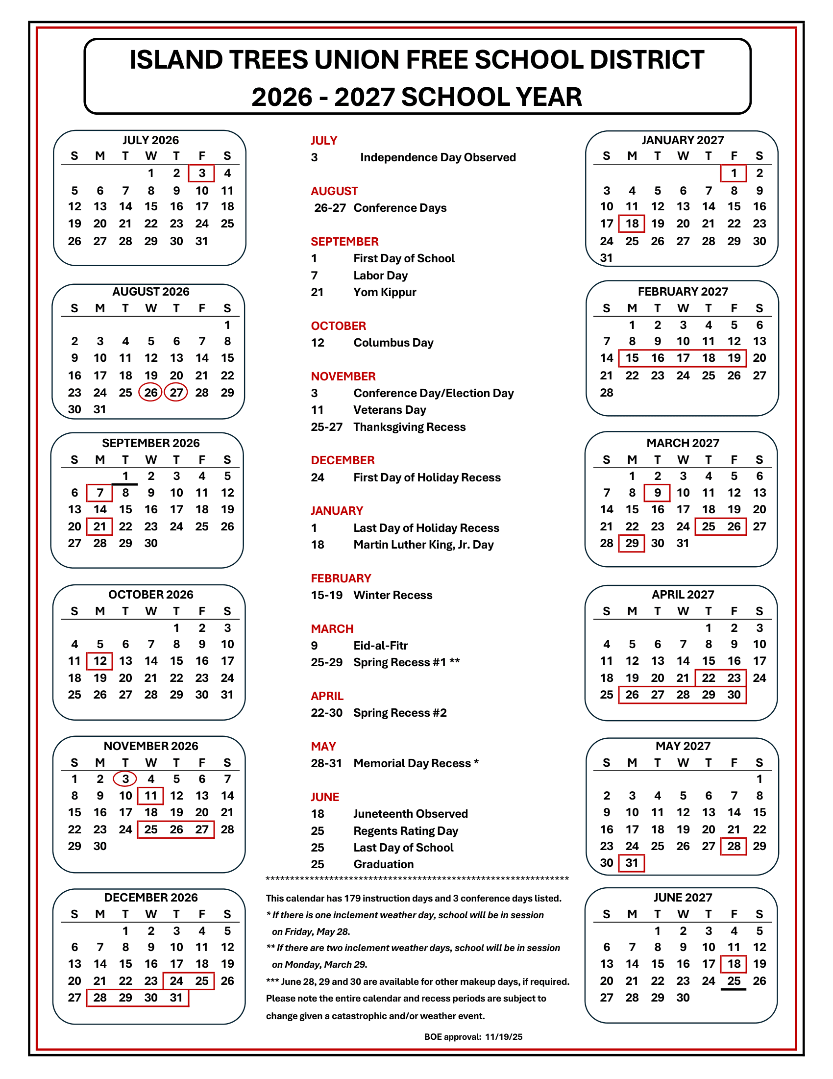 Island Trees Union Free School District Calendar 26-27 Revised