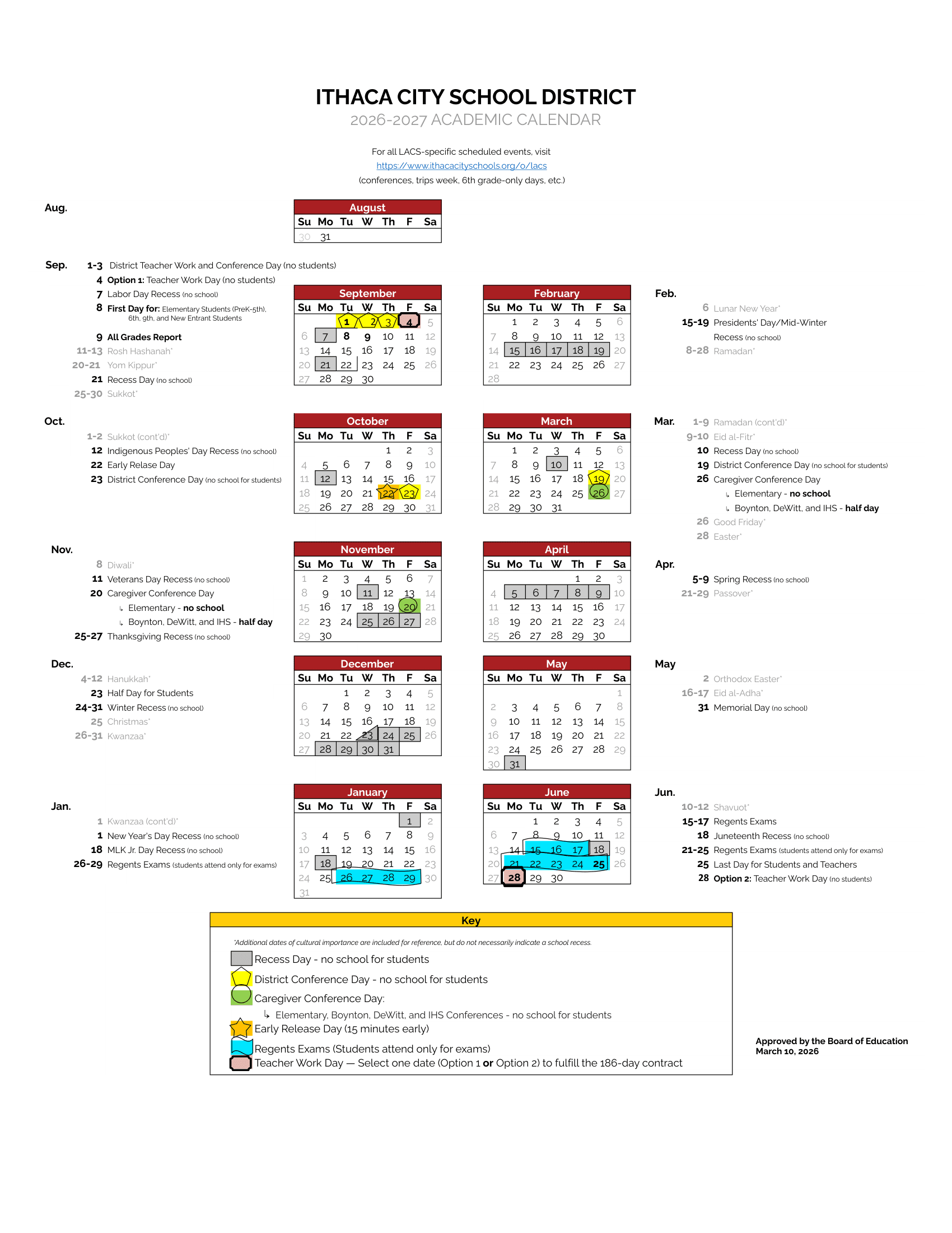 Ithaca City School District Calendar 26-27 Revised