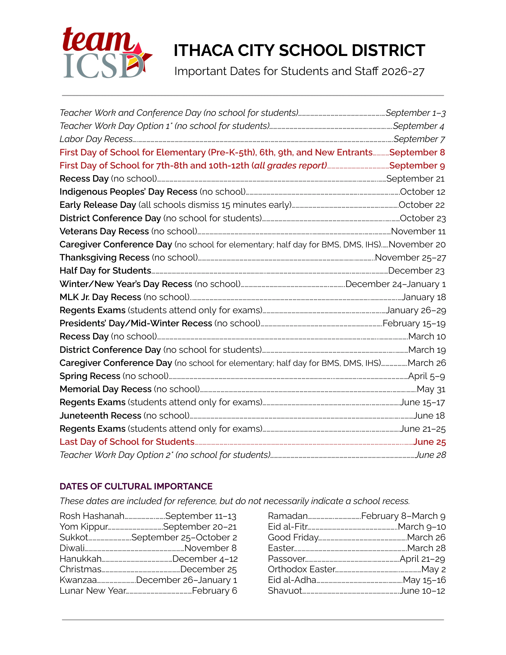 Ithaca City School District Calendar 26-27 Revised