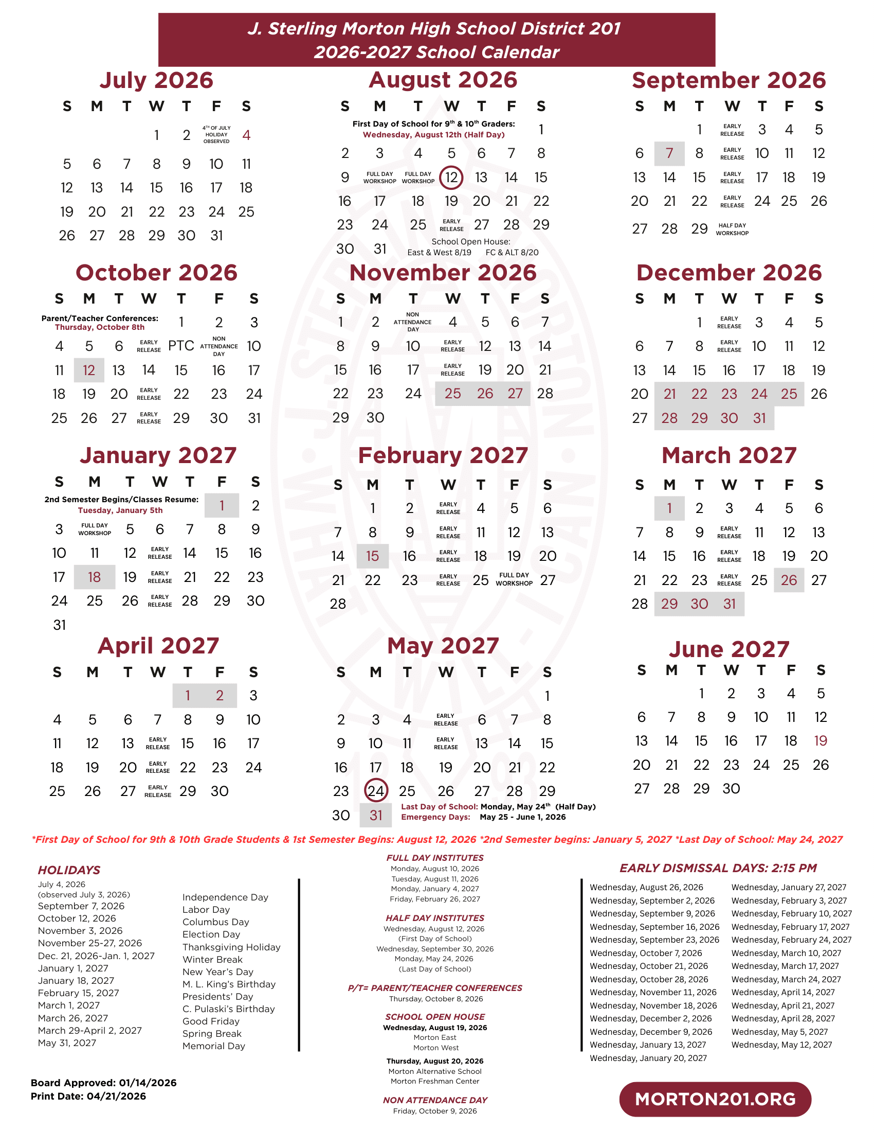 J. Sterling Morton High School District 201 Calendar 26-27 Revised