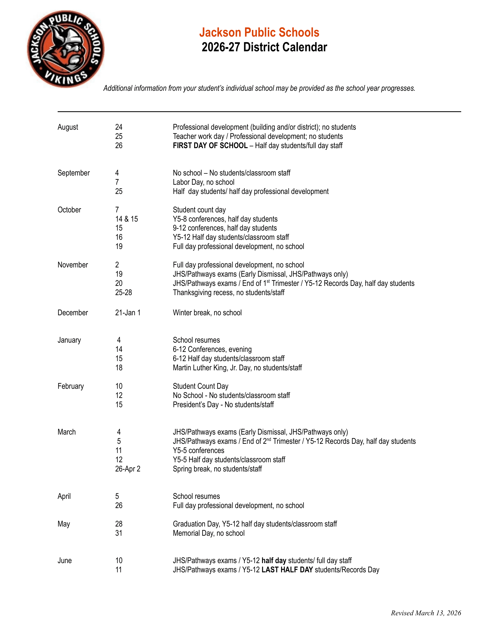 Jackson Public Schools Calendar 26-27 Revised