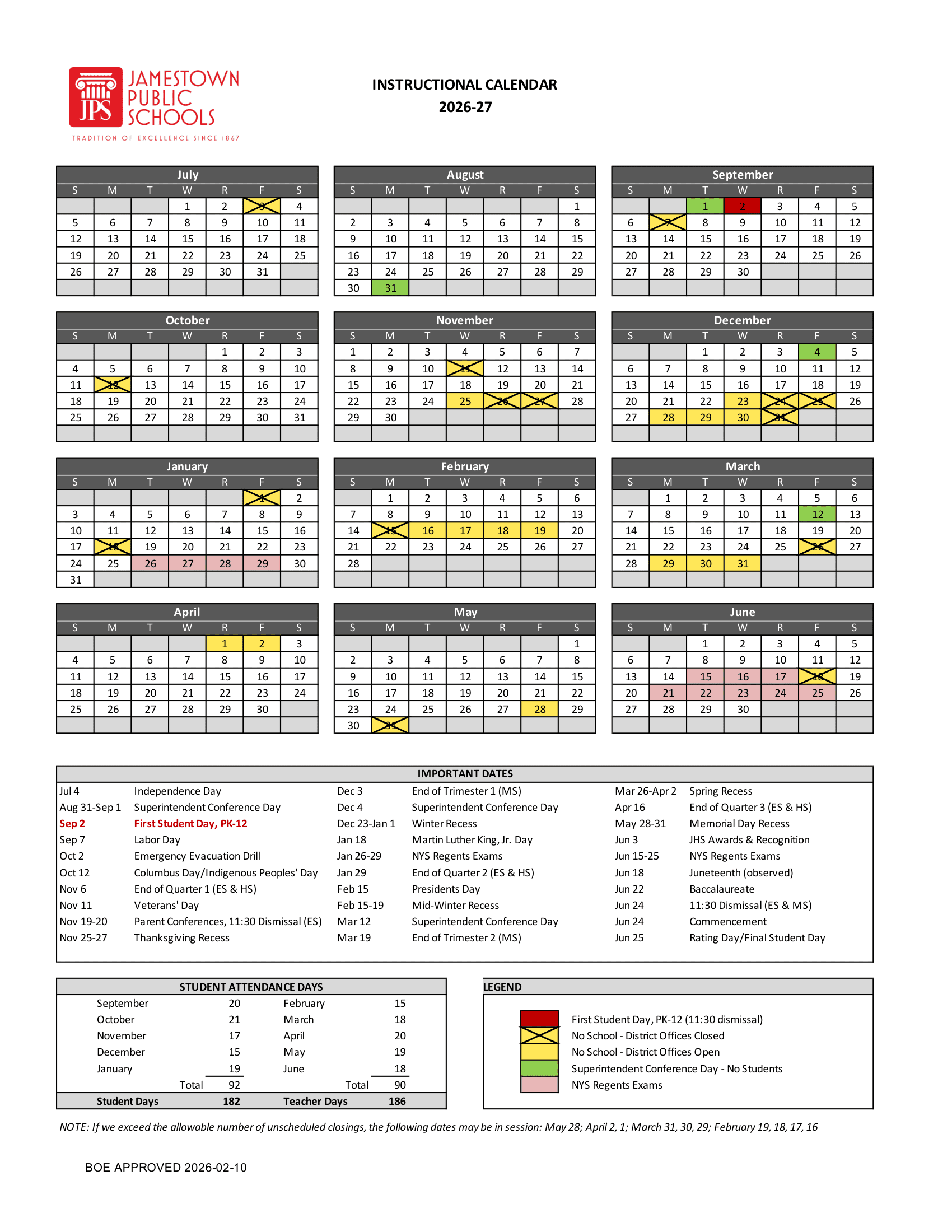 Jamestown Public Schools Calendar 26-27 Revised