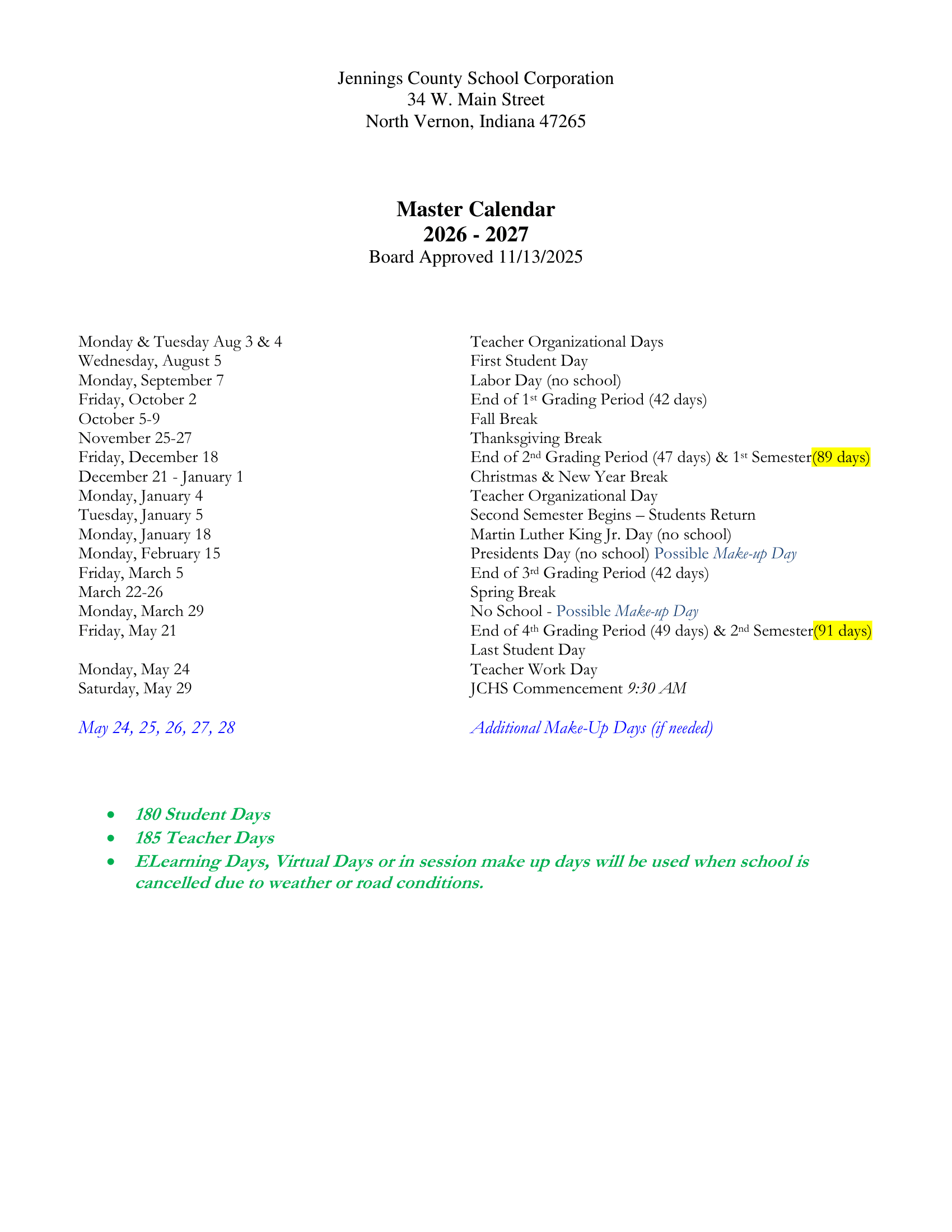 Jennings County School Corporation Calendar 26-27 Revised