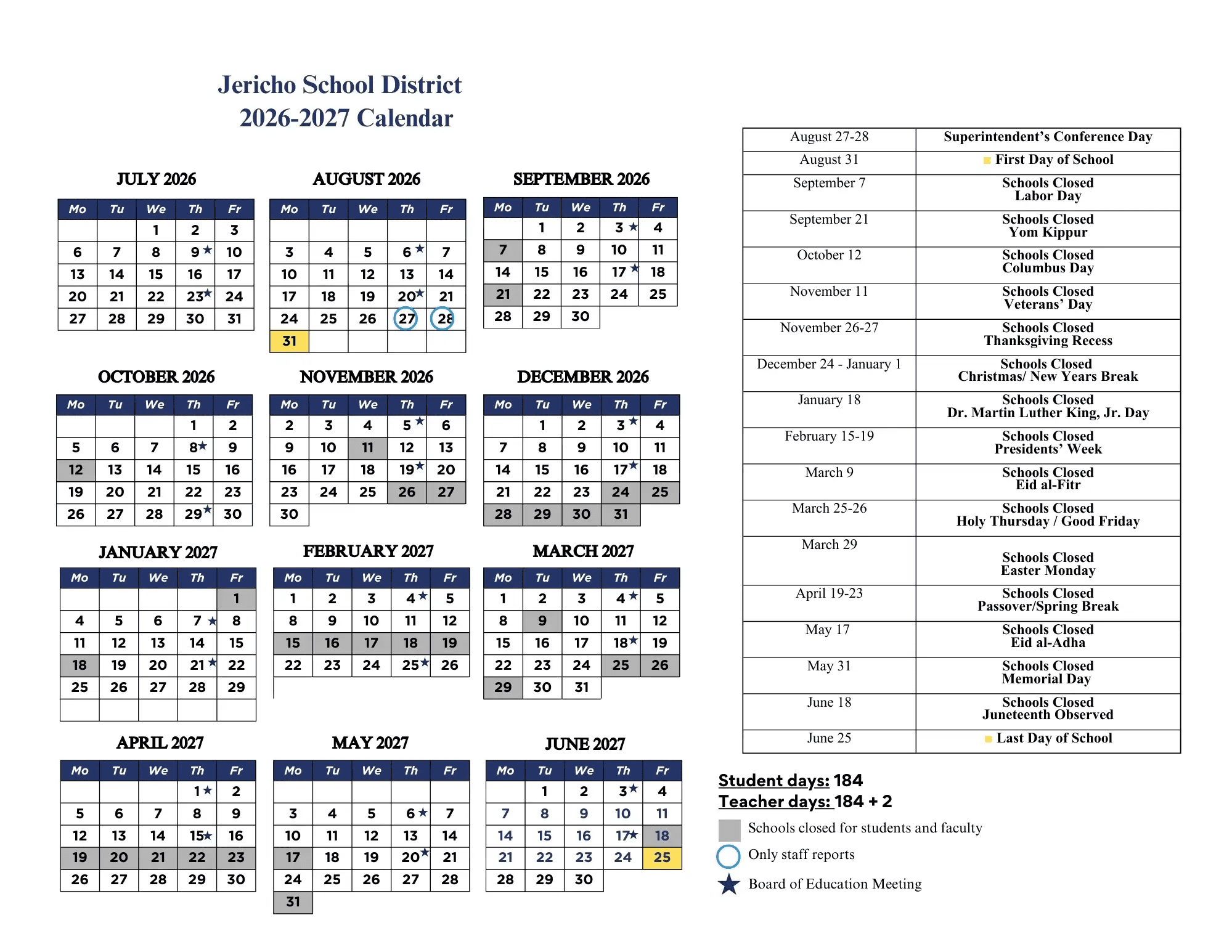 Jericho School District Calendar 26-27 Revised