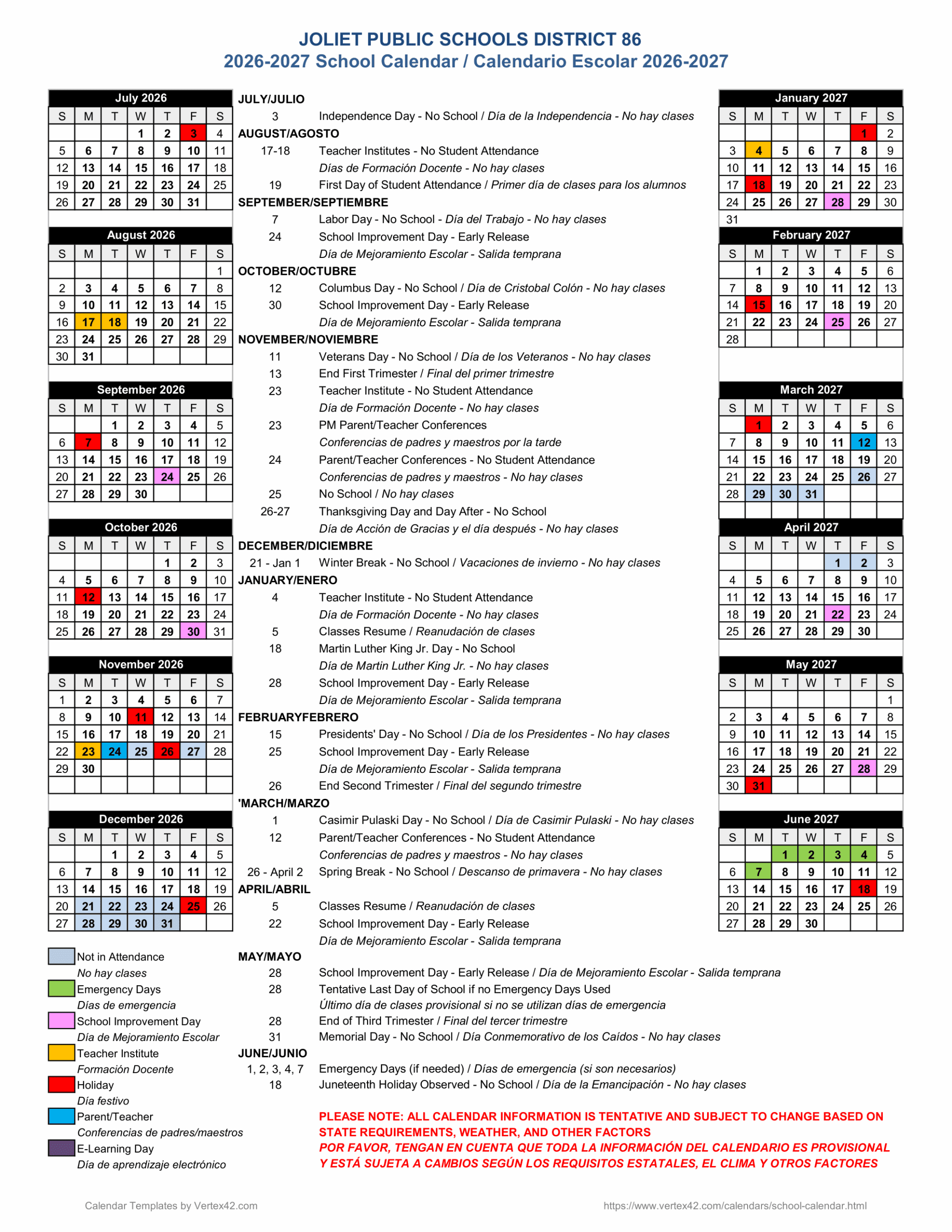 Joliet Public Schools District 86 Calendar 26-27 Revised