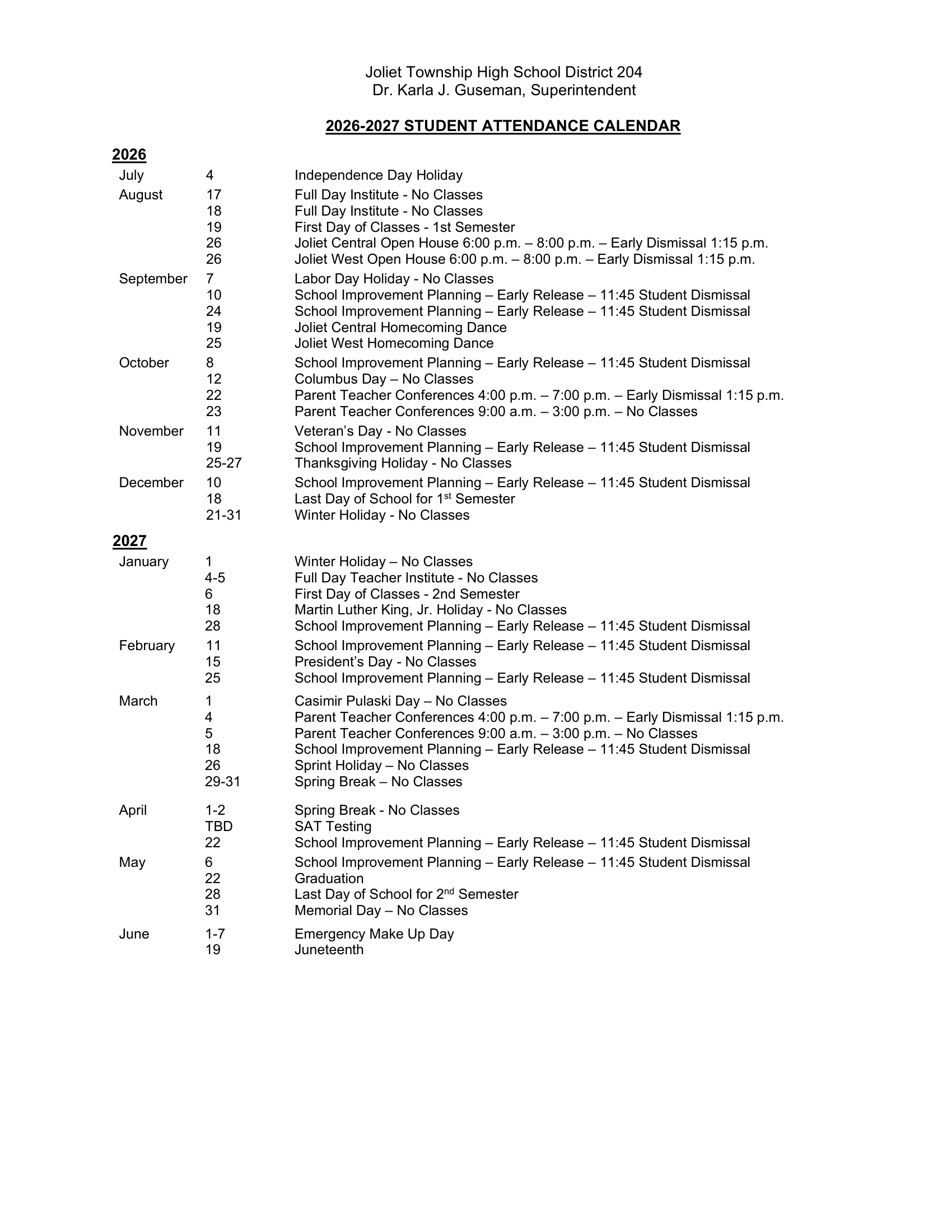 Joliet Township High School District 204 Calendar 26-27 Revised