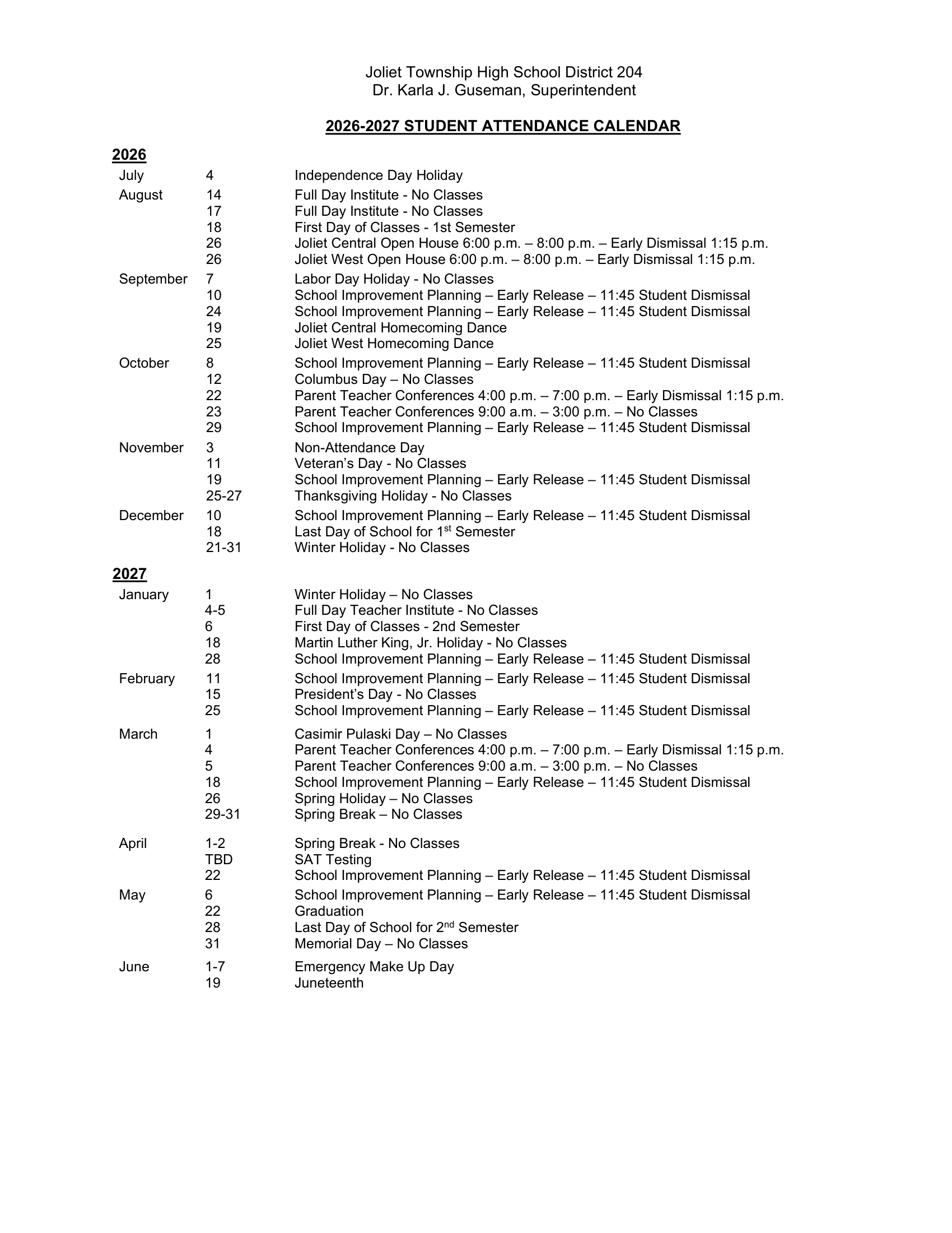 Joliet Township High School District 204 Calendar 26-27 Revised