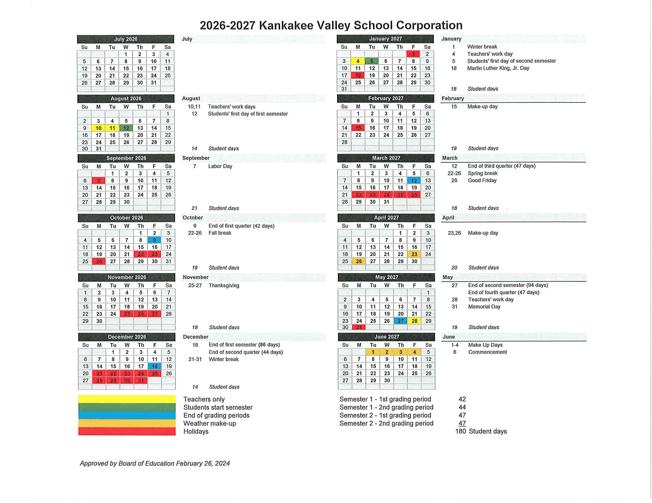 Kankakee Valley School Corporation Calendar 26-27 Revised