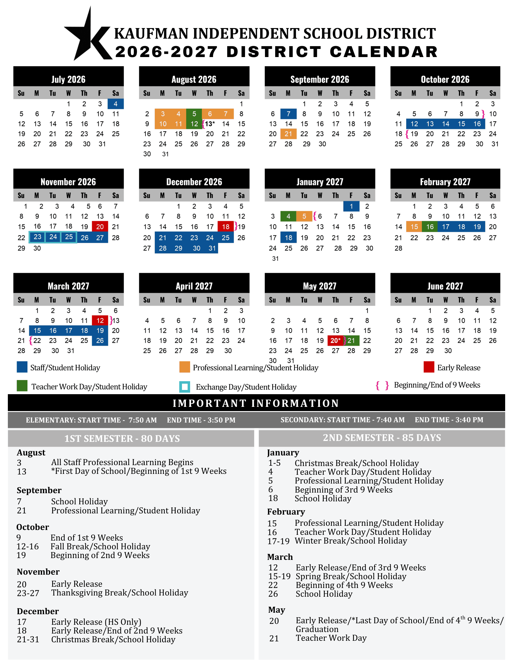 Kaufman Independent School District Calendar 26-27 Revised PDF