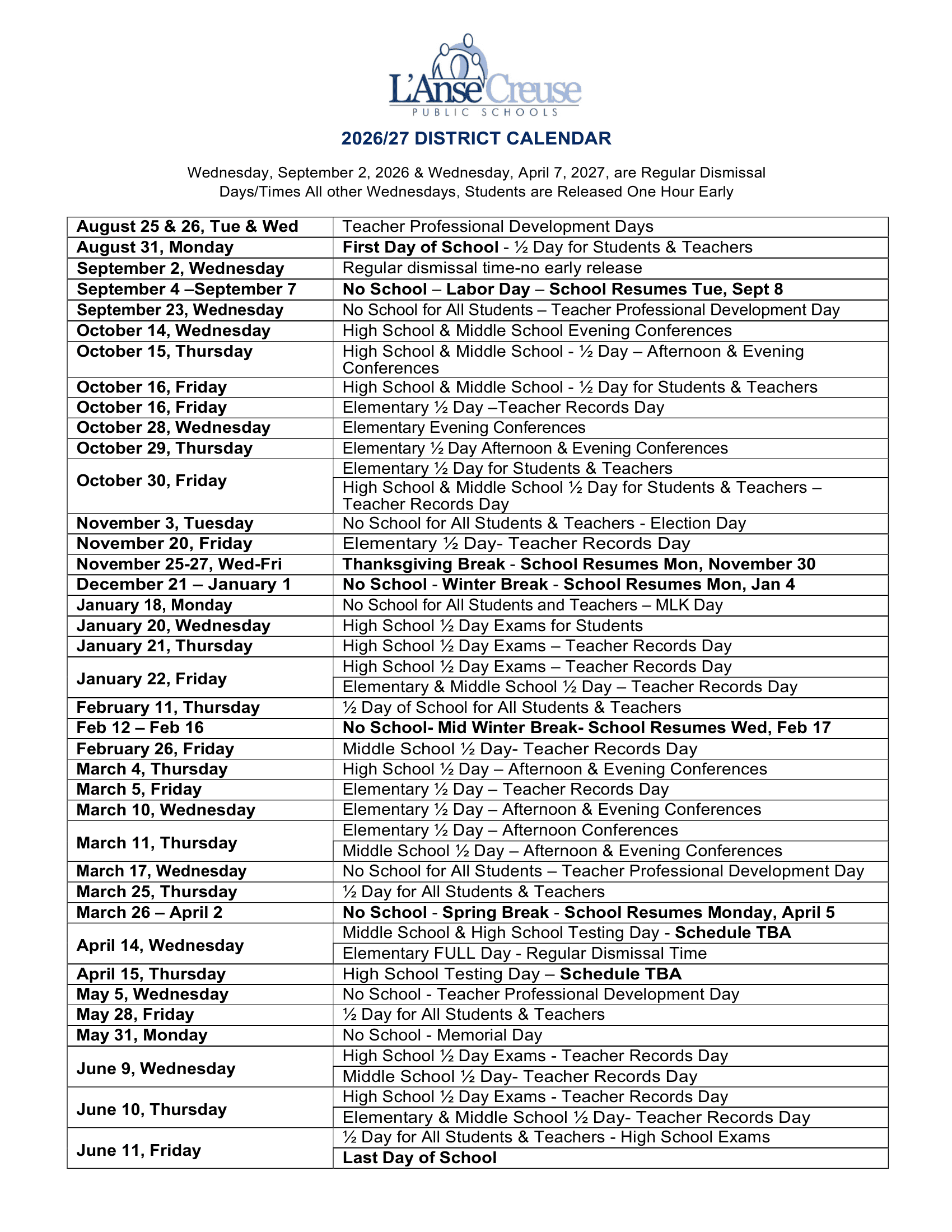 L'Anse Creuse Public Schools Calendar 26-27 Revised