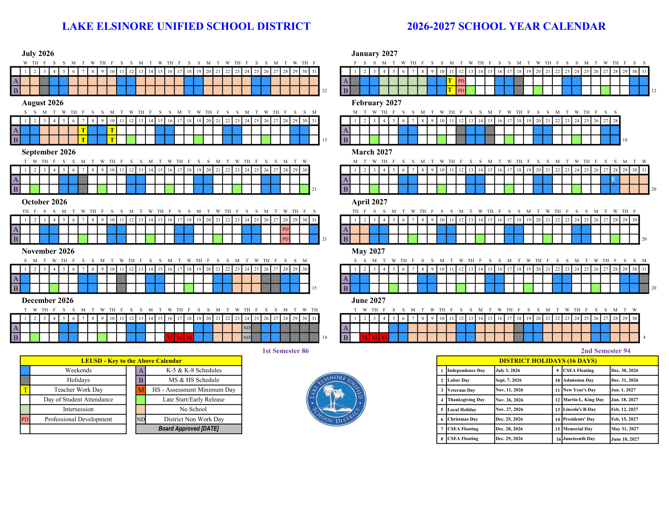 Lake Elsinore Unified School District Calendar 26-27 Revised
