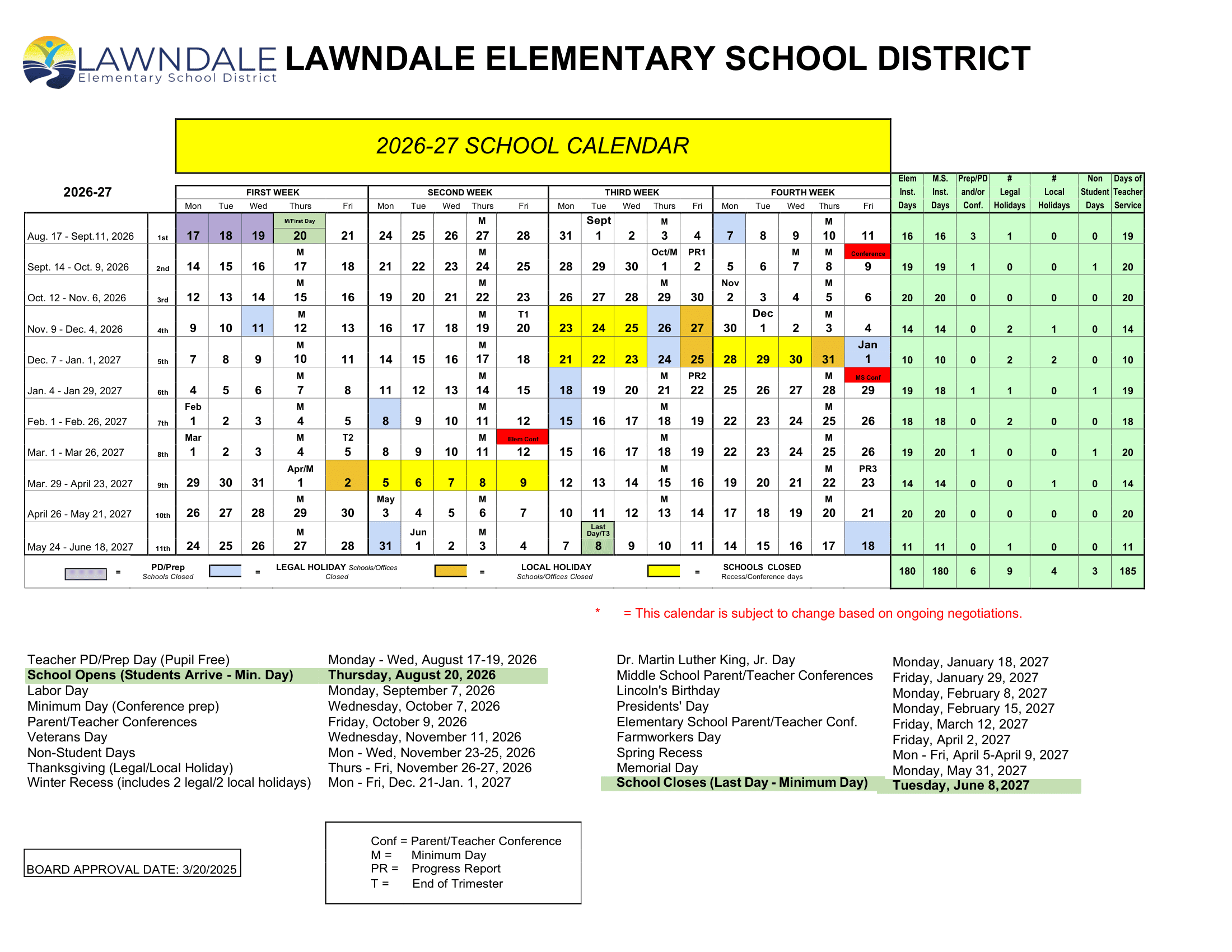 Lawndale Elementary School District Calendar 26-27 Revised