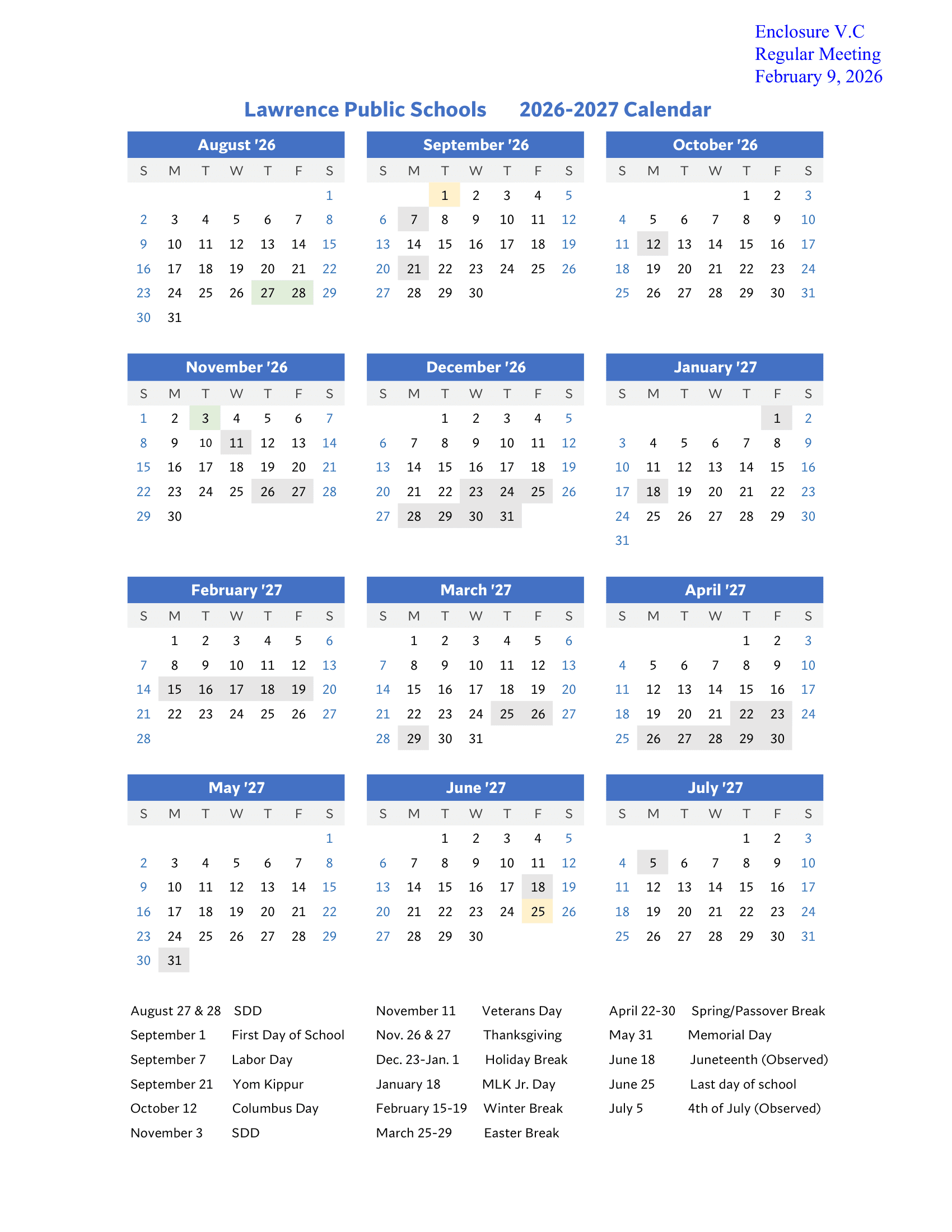 Lawrence Public Schools Calendar 26-27 Revised