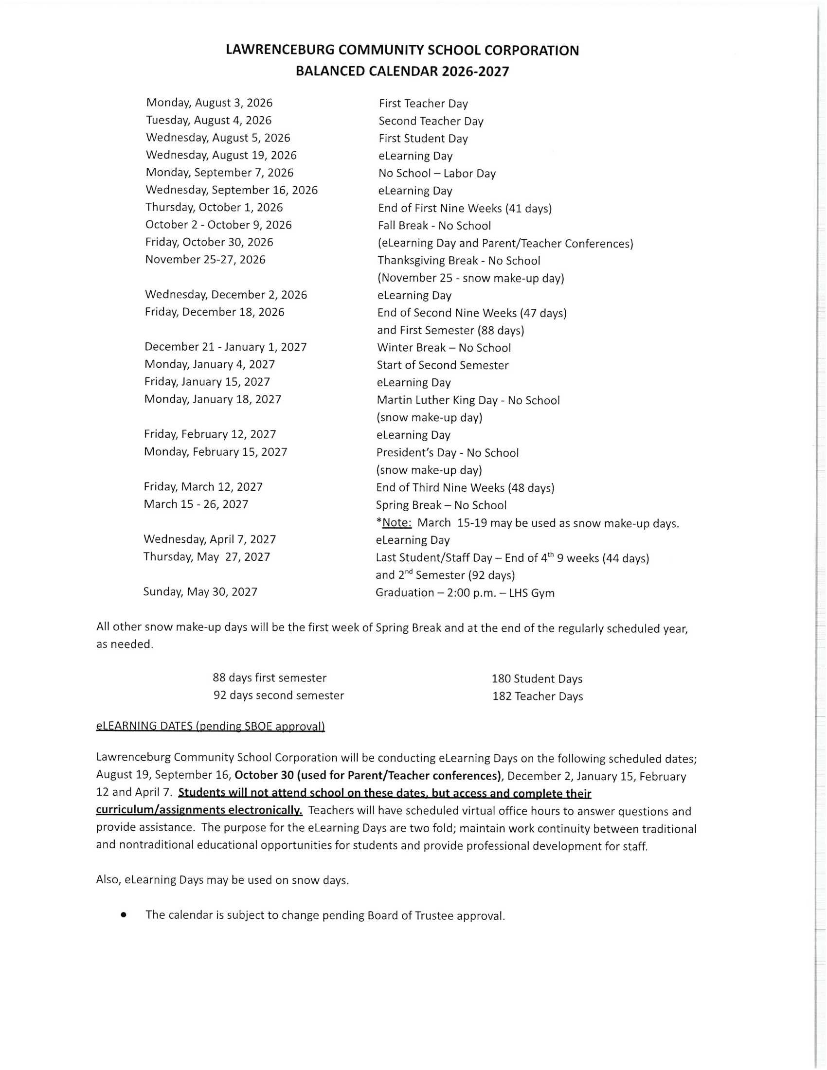 Lawrenceburg Community School Corporation Calendar 26-27 Revised