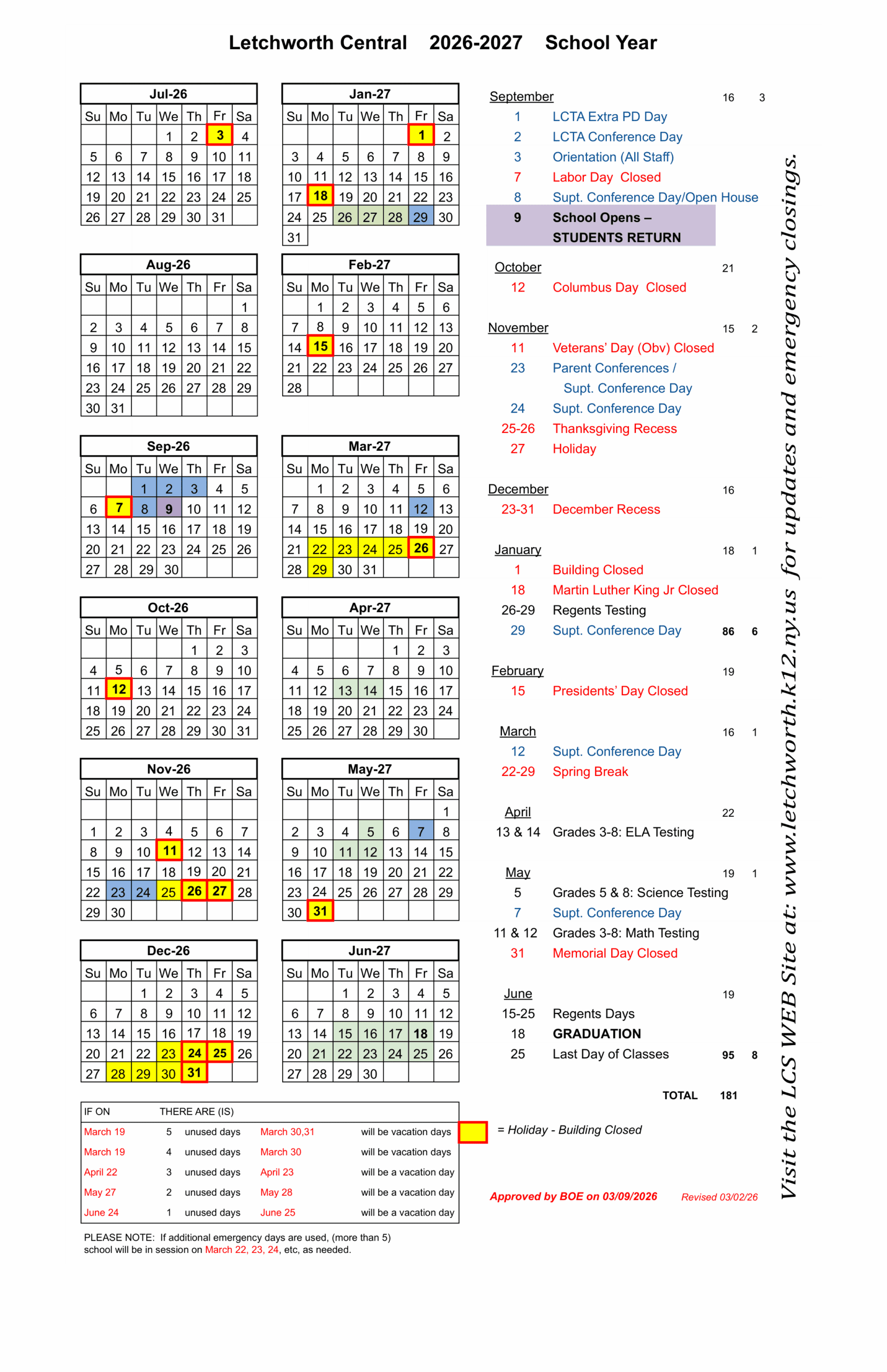 Letchworth Central School District Calendar 26-27 Revised