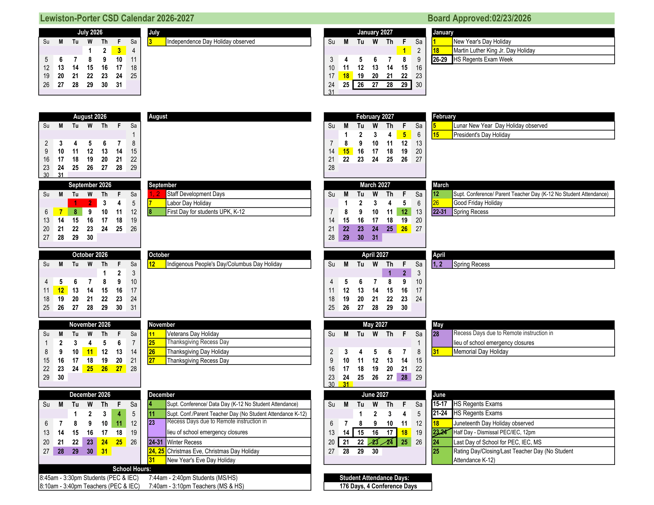 Lewiston-Porter CSD Calendar 26-27 Revised