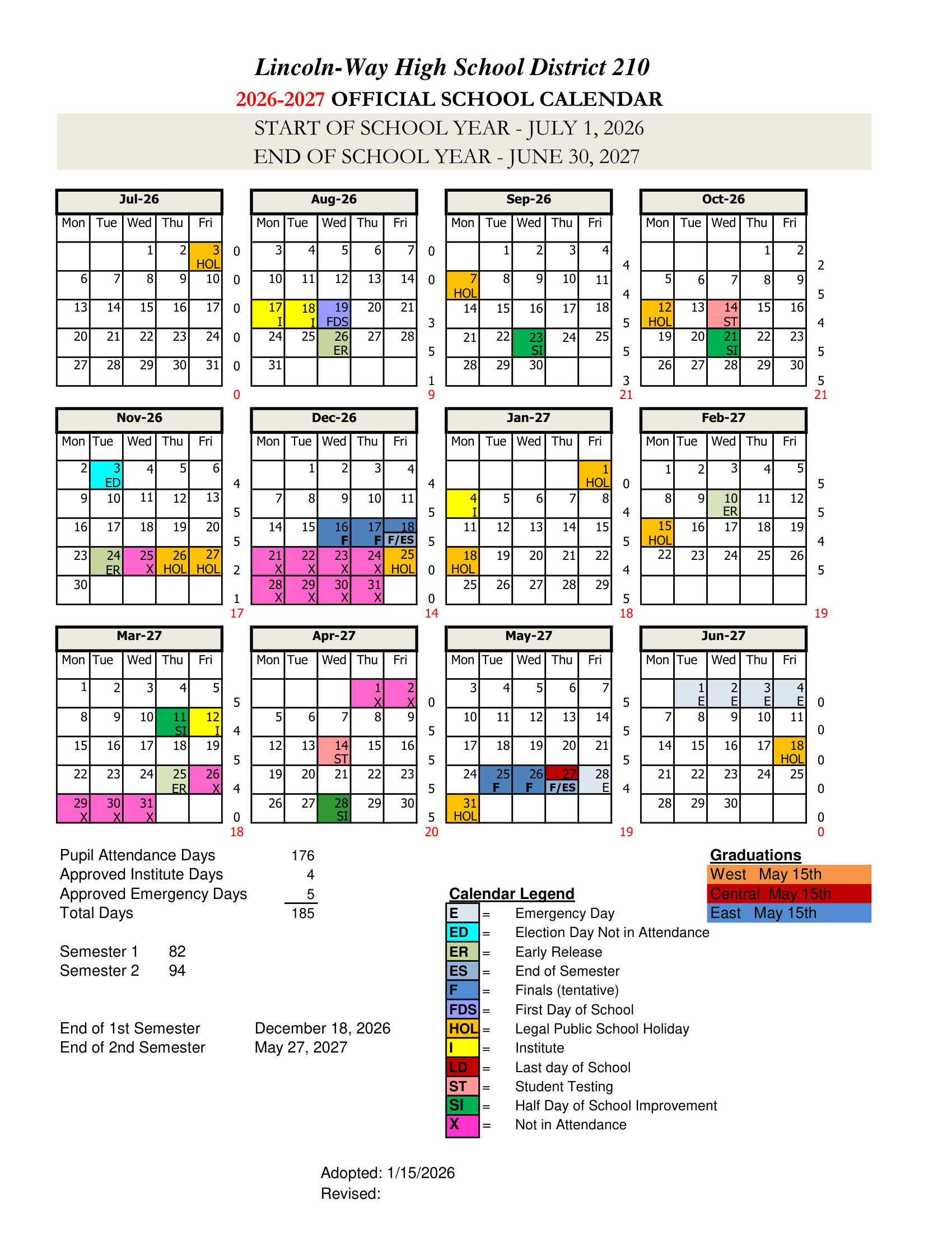 Lincoln-Way High School District 210 Calendar 26-27 Revised