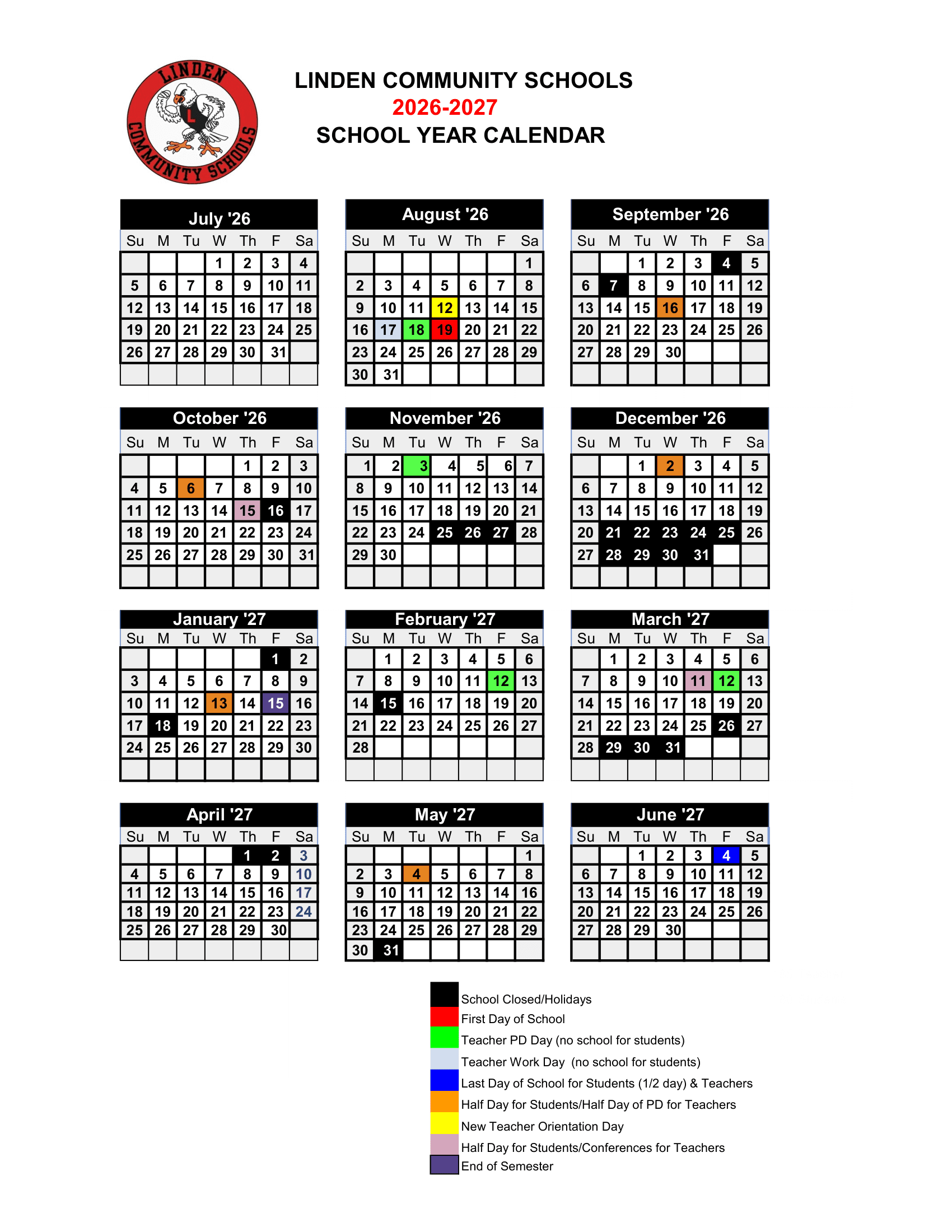 Linden Community Schools Calendar 26-27 Revised