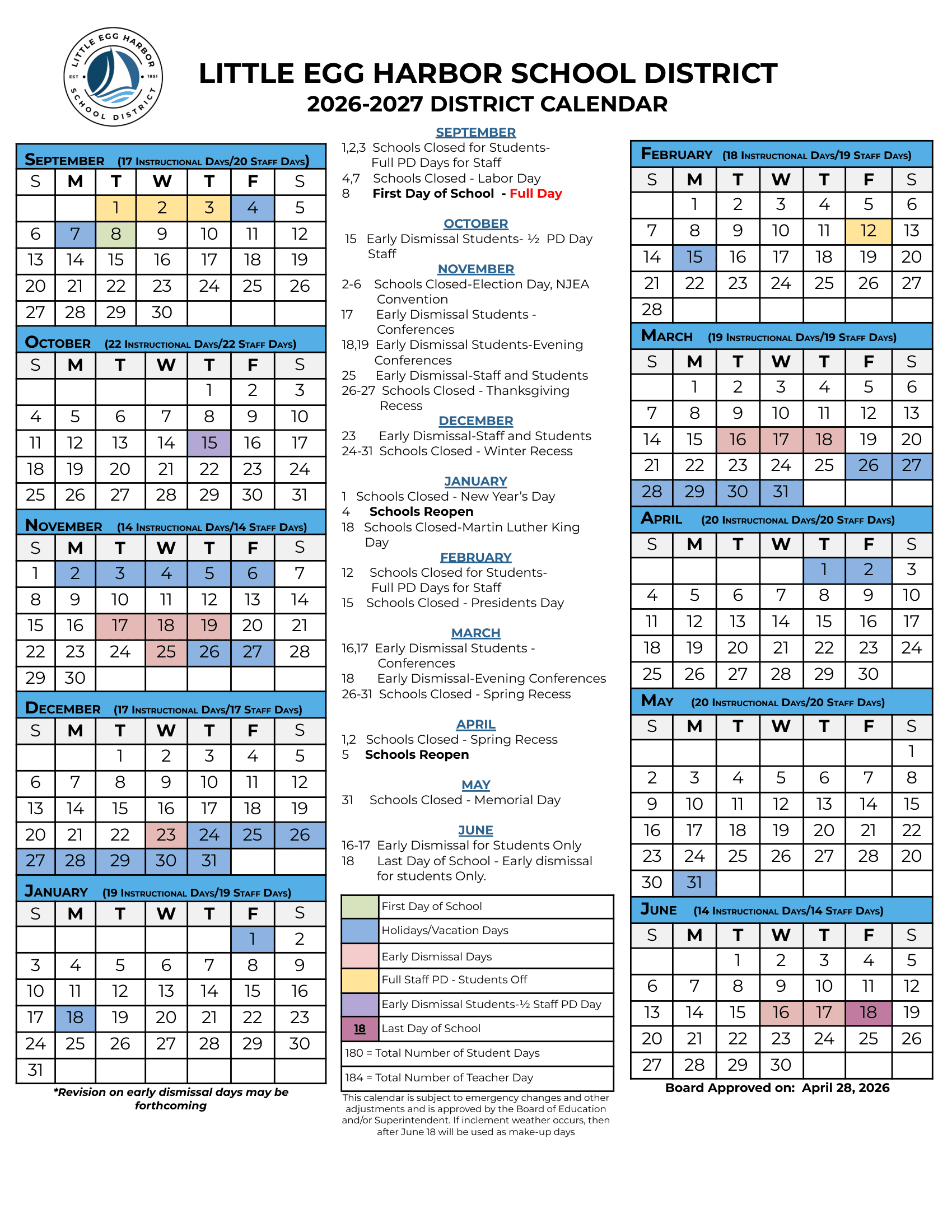 Little Egg Harbor School District Calendar 26-27 Revised