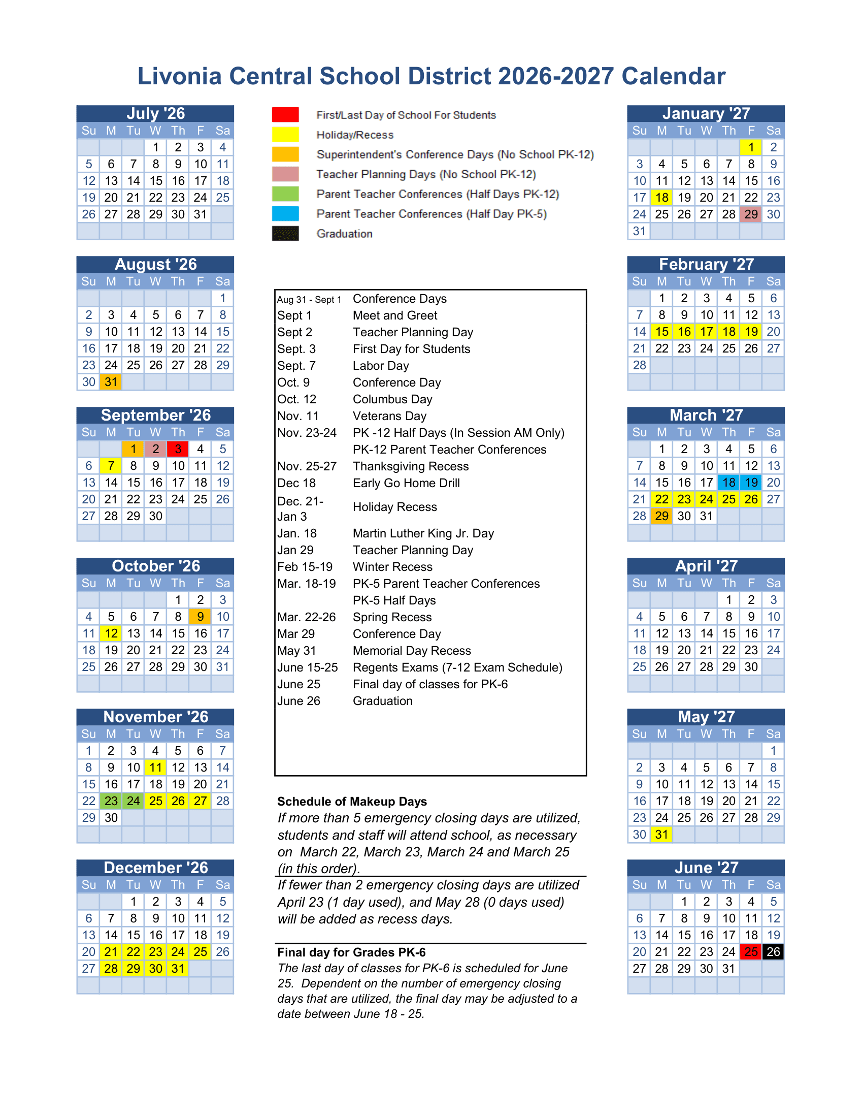 Livonia Central School District Calendar 26-27 Revised