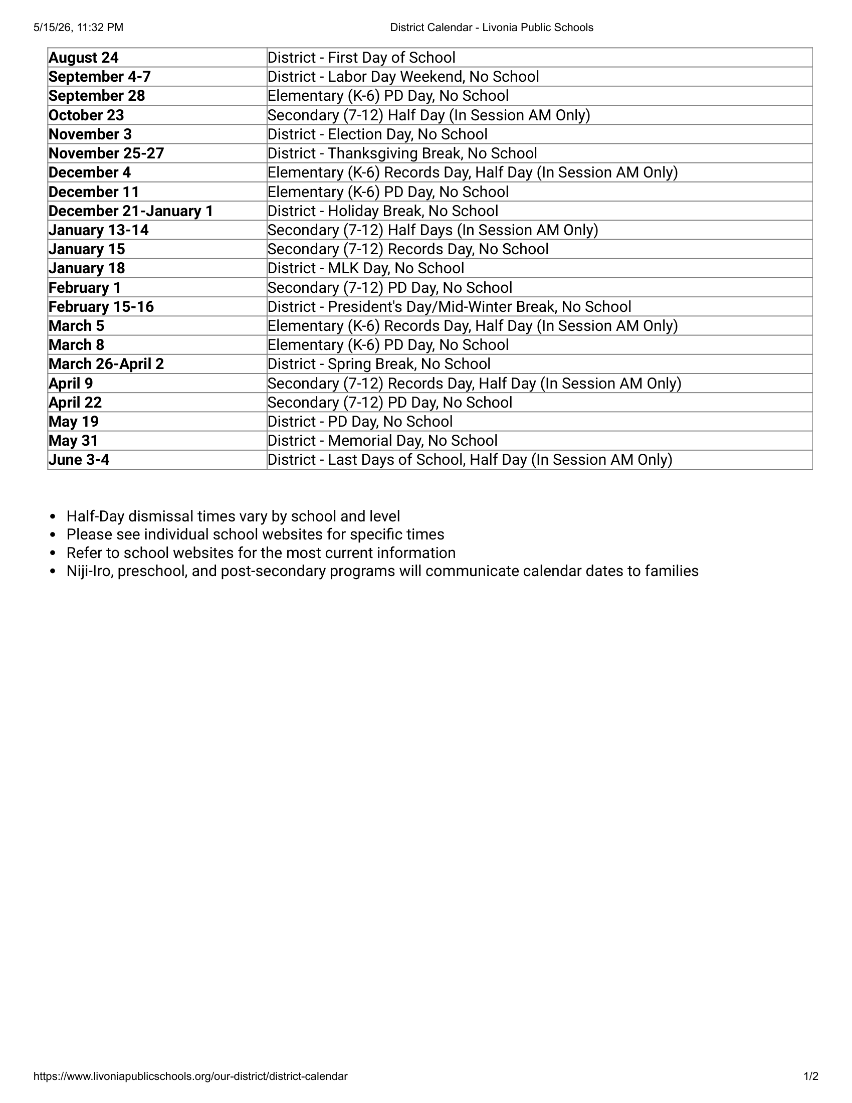 Livonia Public Schools Calendar 26-27 Revised
