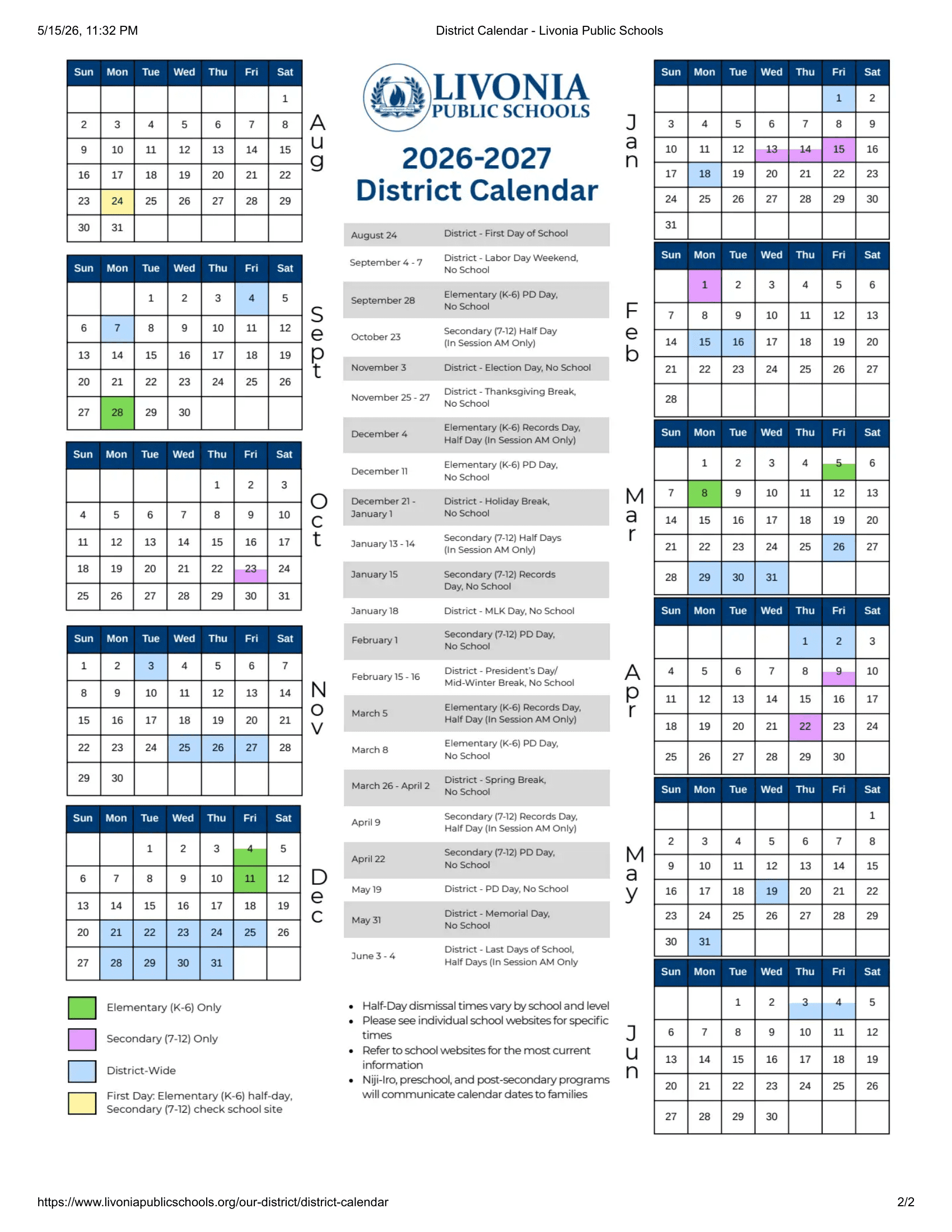 Livonia Public Schools Calendar 26-27 Revised