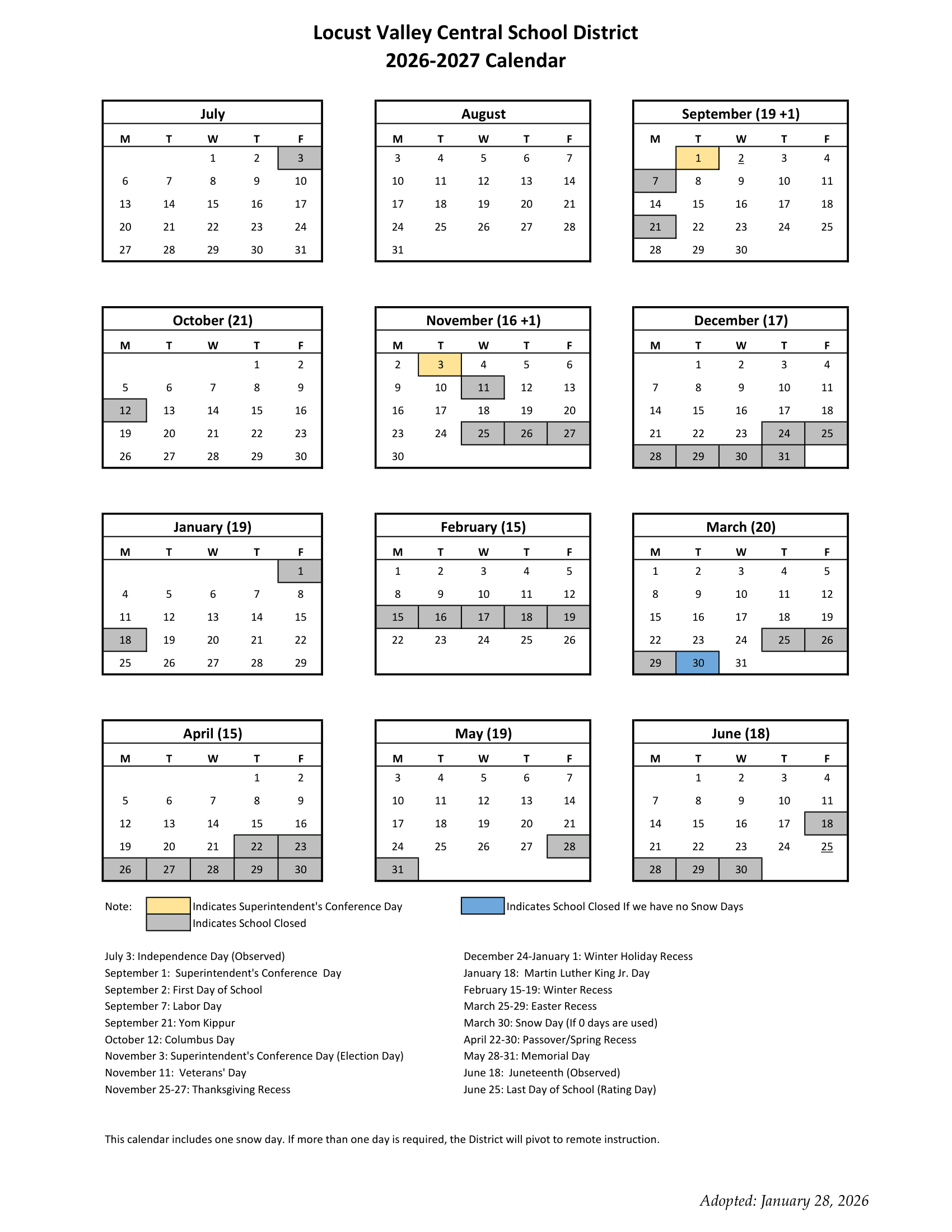 Locust Valley Central School District Calendar 26-27 Revised