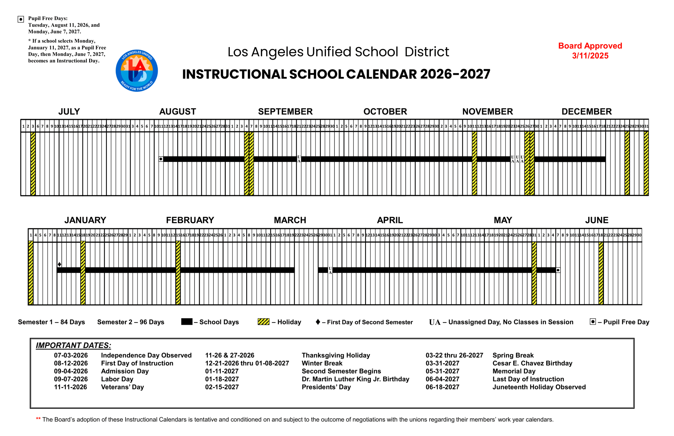 Los Angeles Unified School District Calendar 26-27 Revised