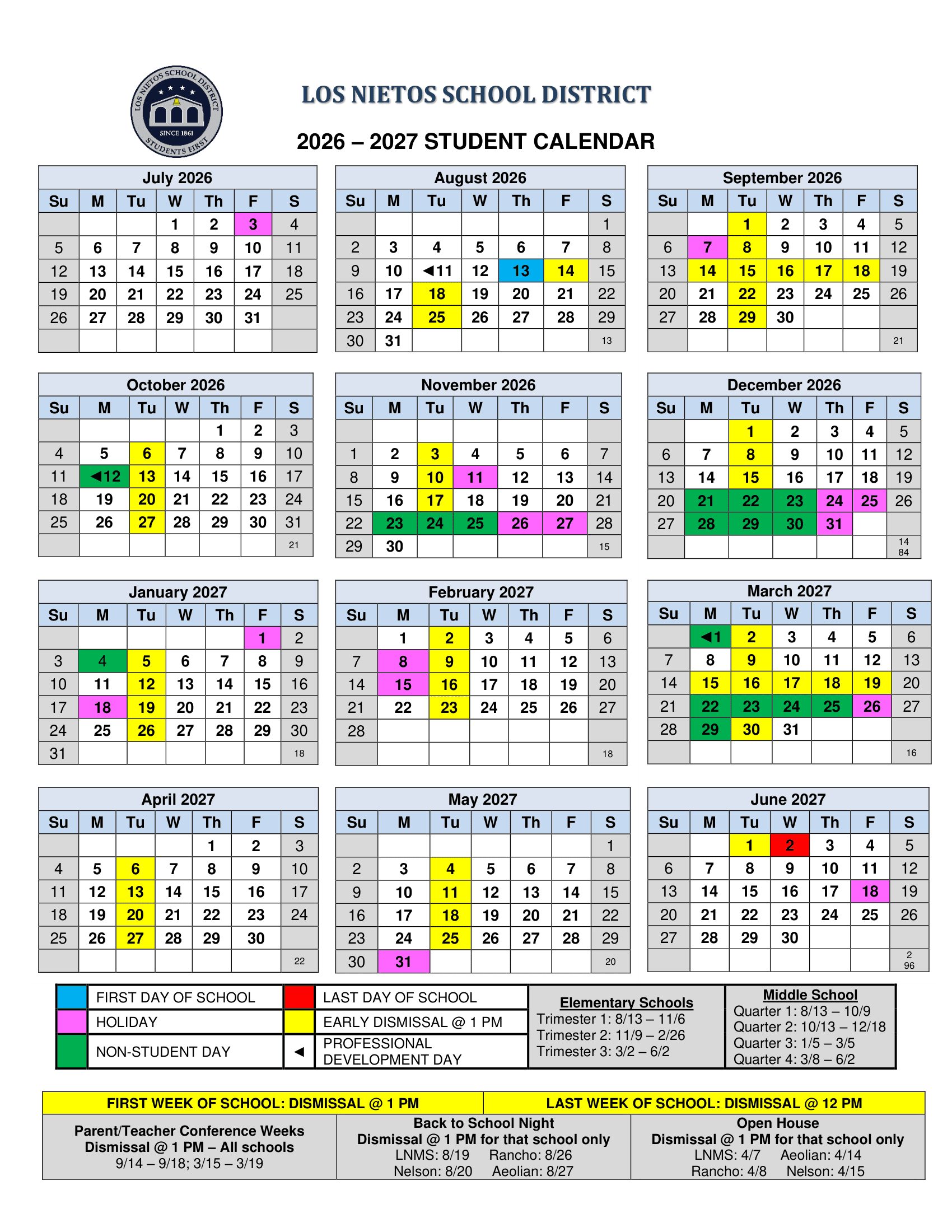 Los Nietos School District Calendar 26-27 Revised