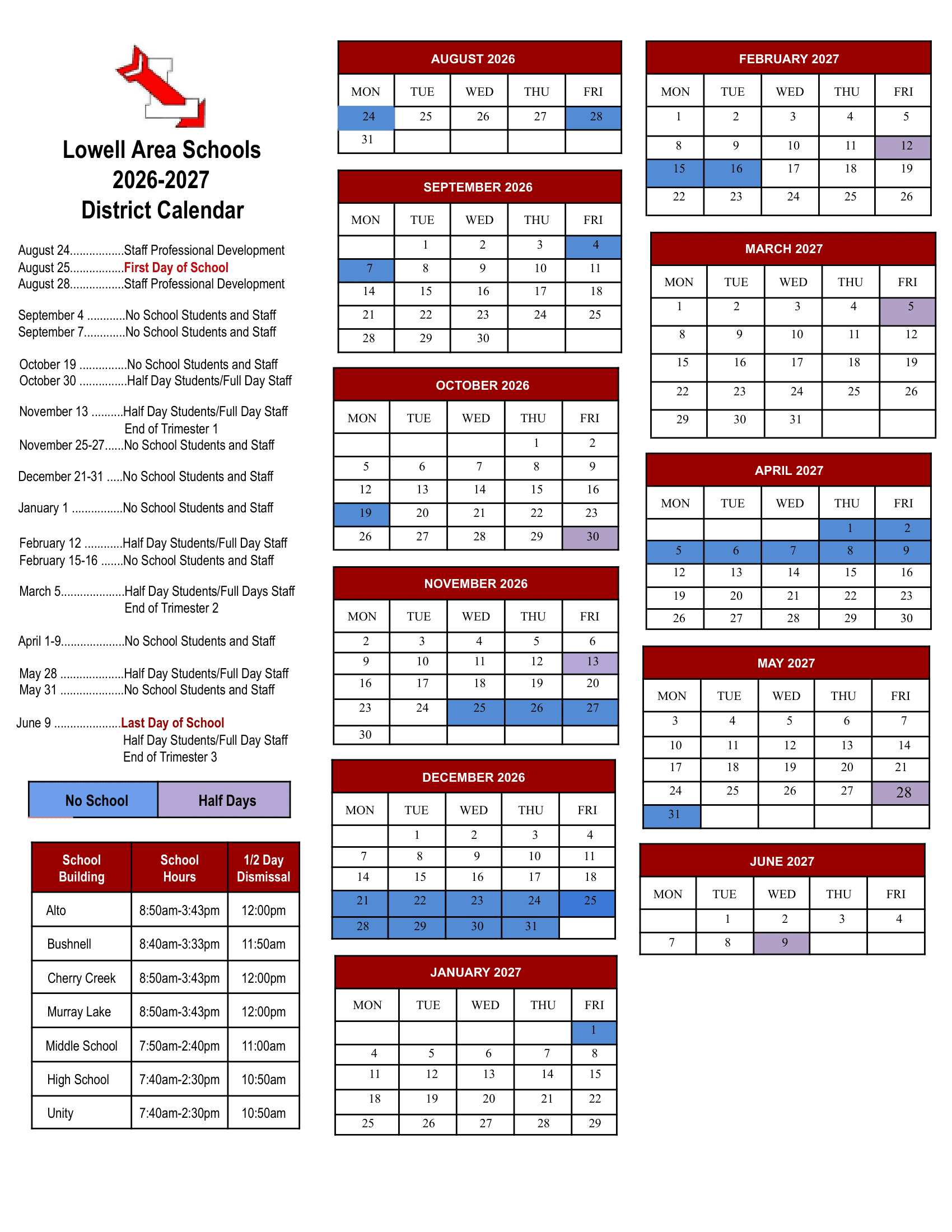 Lowell Area Schools Calendar 26-27 Revised