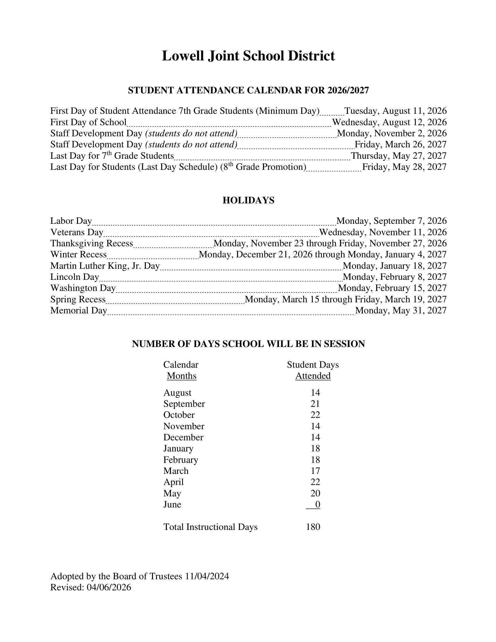 Lowell Joint School District Calendar 26-27 Revised