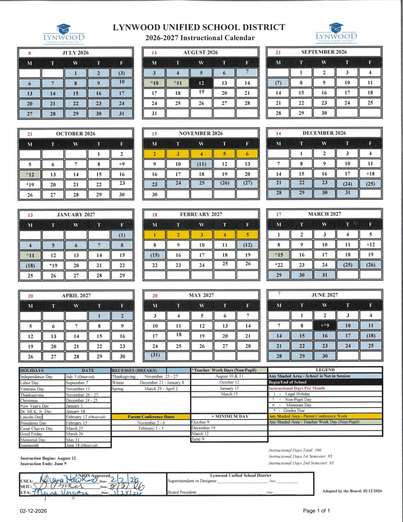 Lynwood Unified School District Calendar 26-27 Revised
