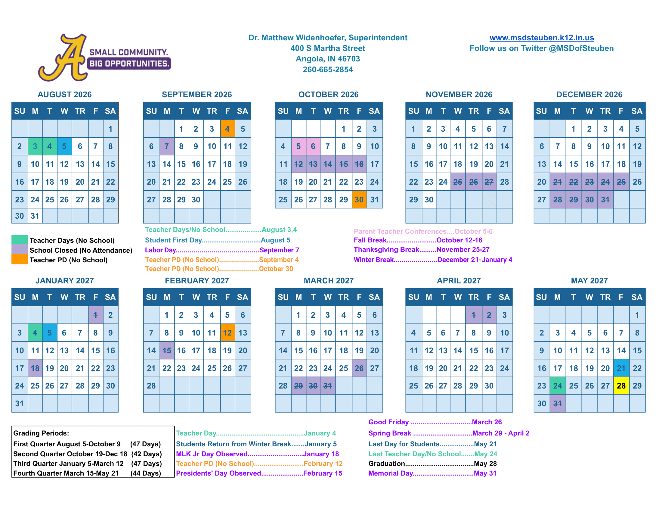 MSD of Steuben County Calendar 26-27 Revised