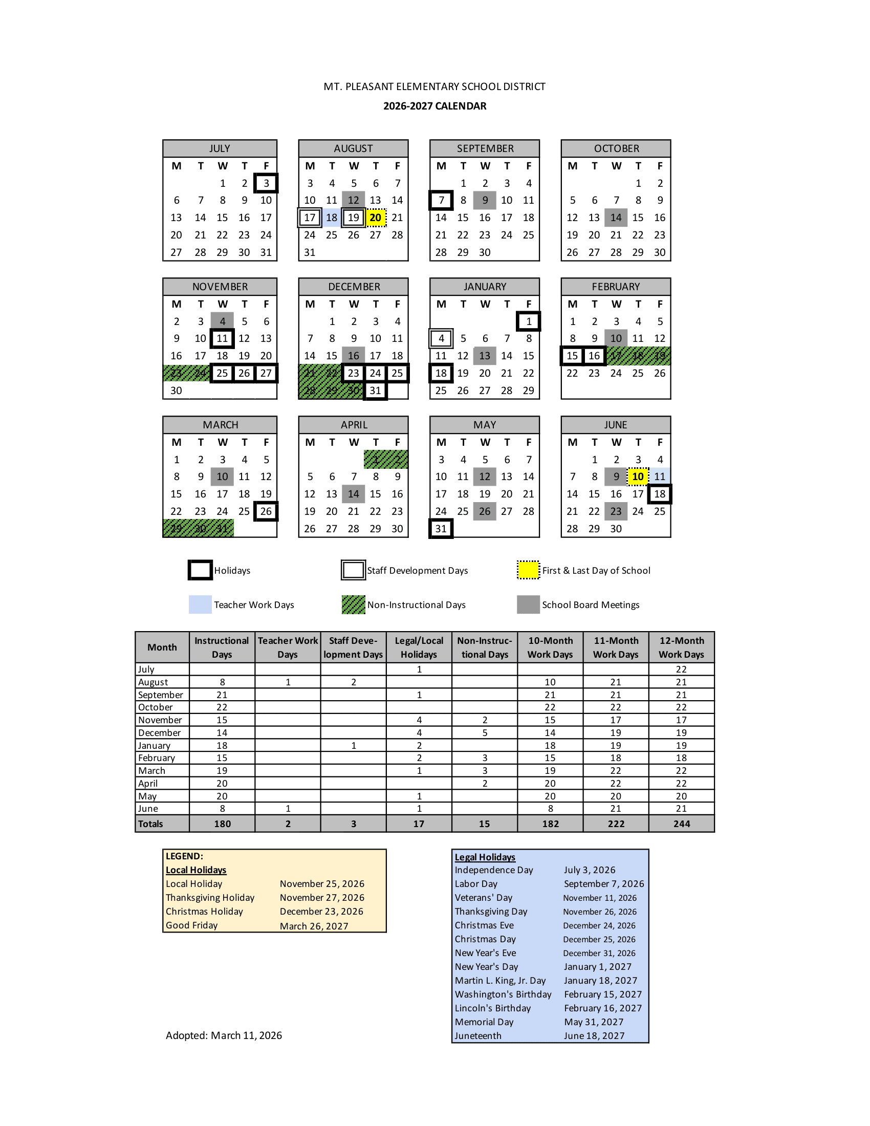 MT. PLEASANT ELEMENTARY SCHOOL DISTRICT Calendar 26-27 Revised