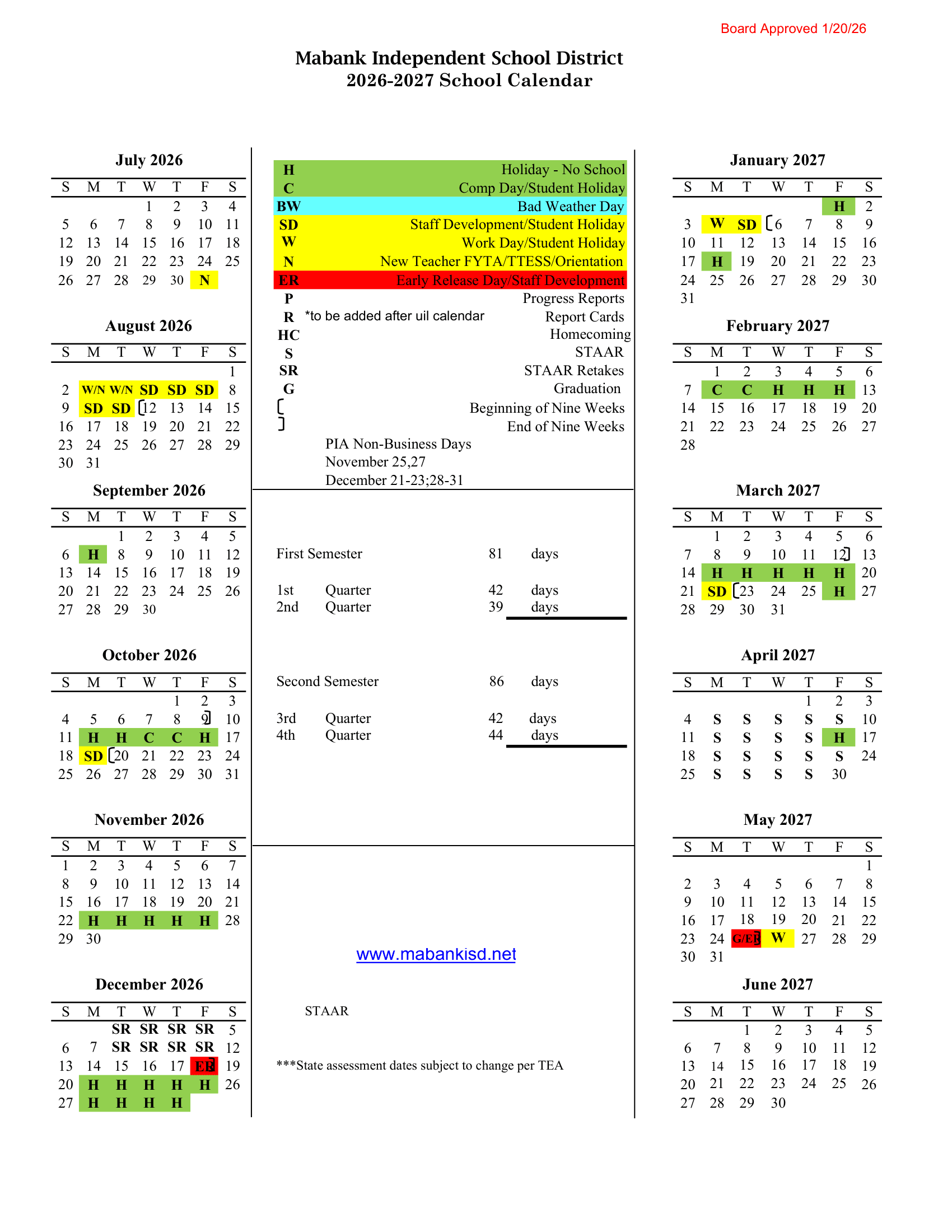 Mabank Independent School District Calendar 26-27 Revised PDF