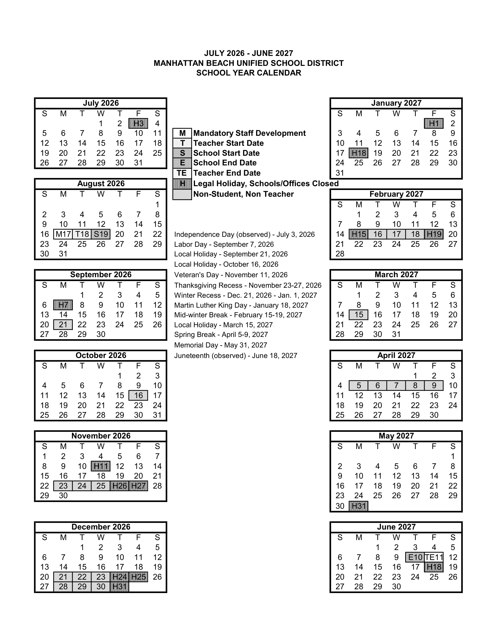 Manhattan Beach Unified School District Calendar 26-27 Revised