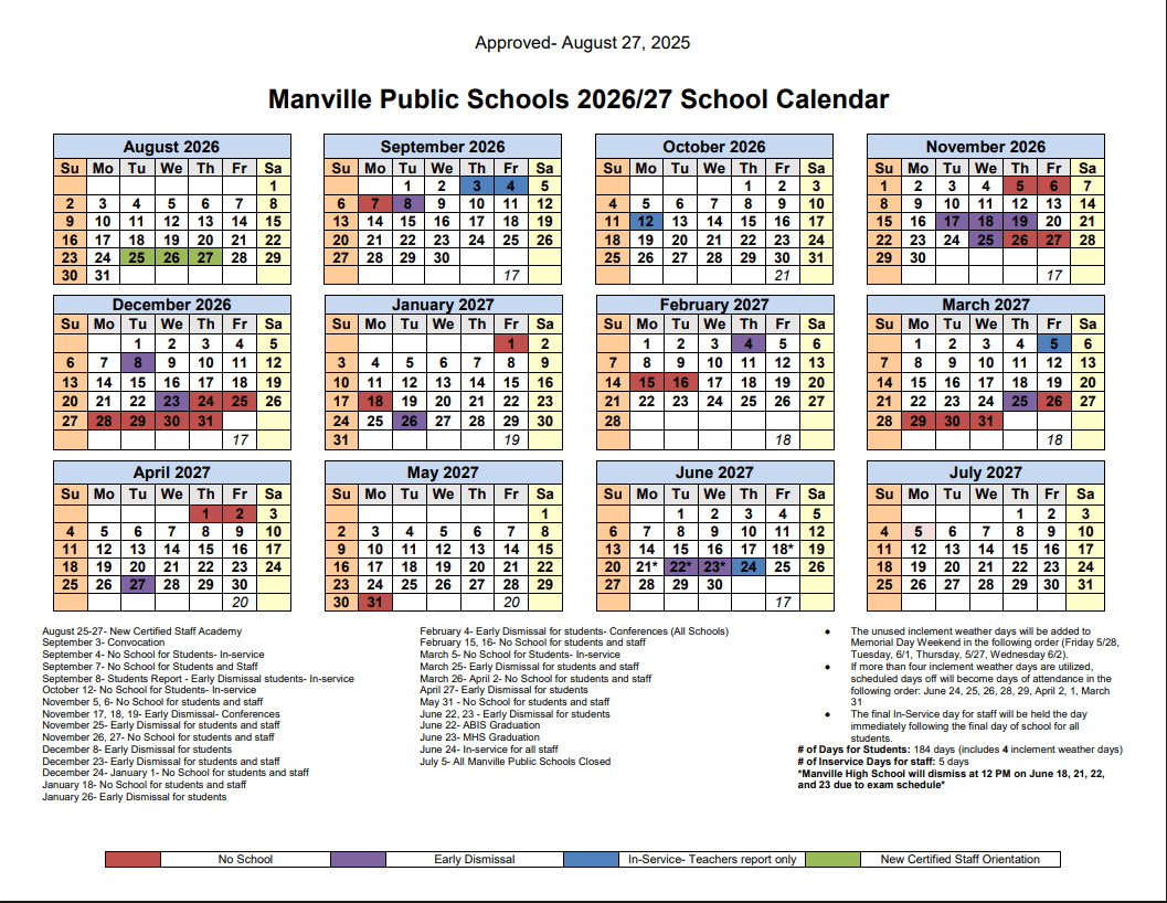 Manville Public Schools Calendar 26-27 Revised